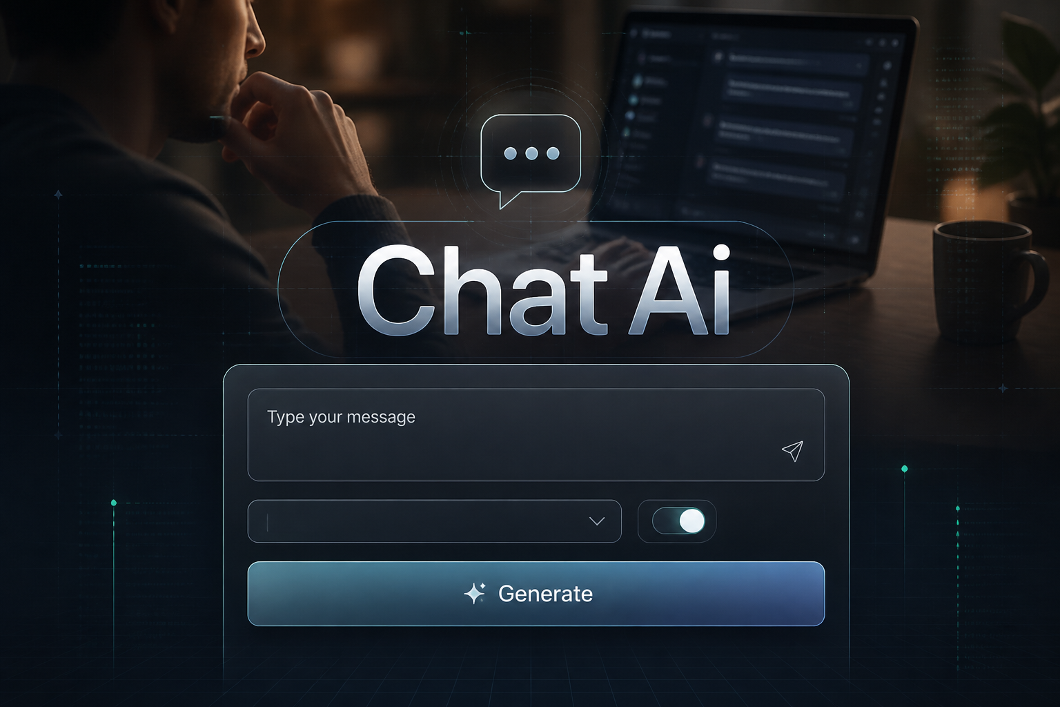 Centered hero graphic for a chat AI tool with the title Chat Ai, a refined interface panel, message input, model dropdown, chat mode toggle, and Generate button over a realistic laptop assistant scene with sleek AI chatbot UI design and premium conversational AI interface styling