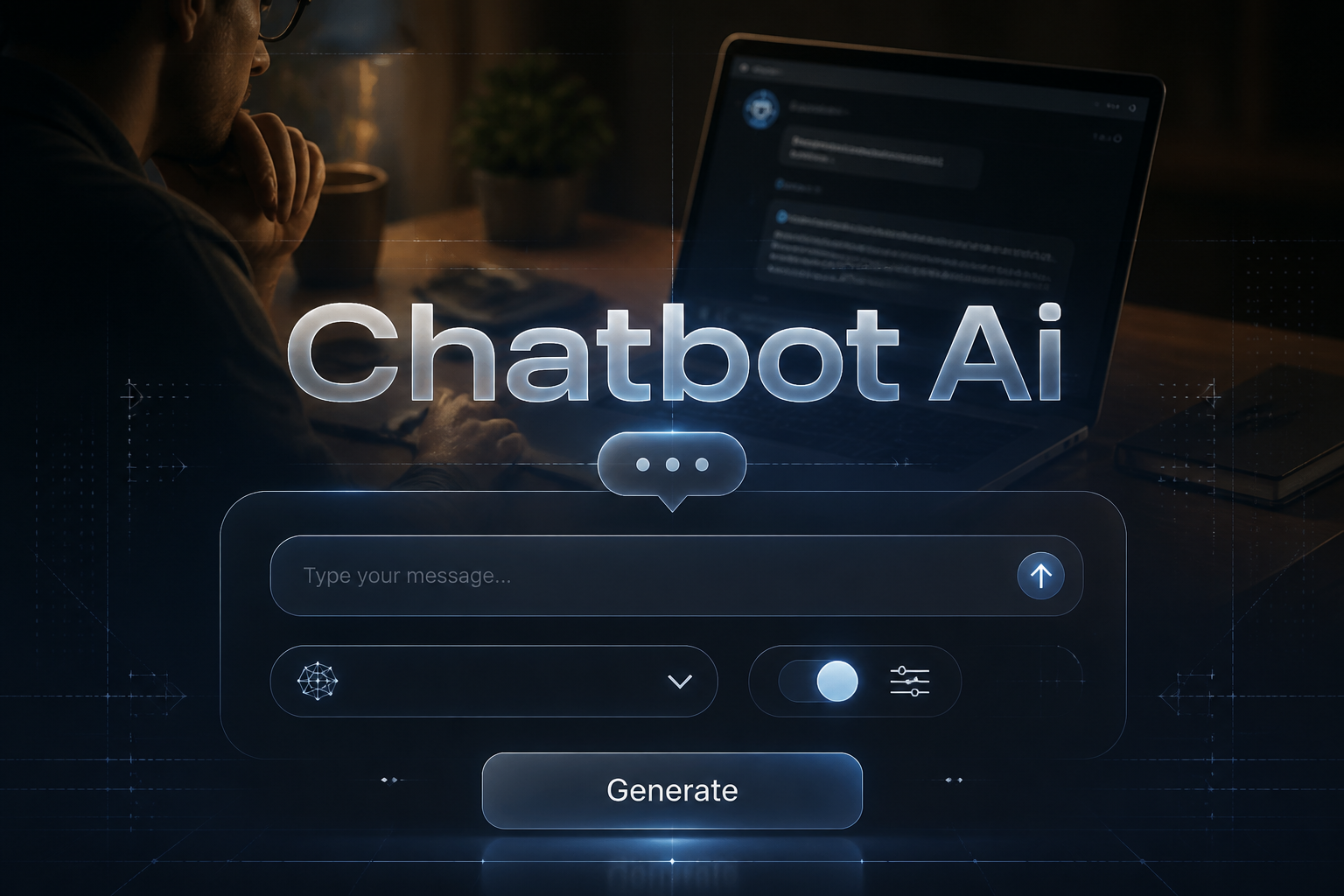 Centered hero graphic for Chatbot Ai showing a sleek AI chatbot interface with message input, model dropdown, response style toggle and Generate button over a realistic laptop assistant scene, ideal for chatbot ai tool interface design and AI chatbot website hero image.