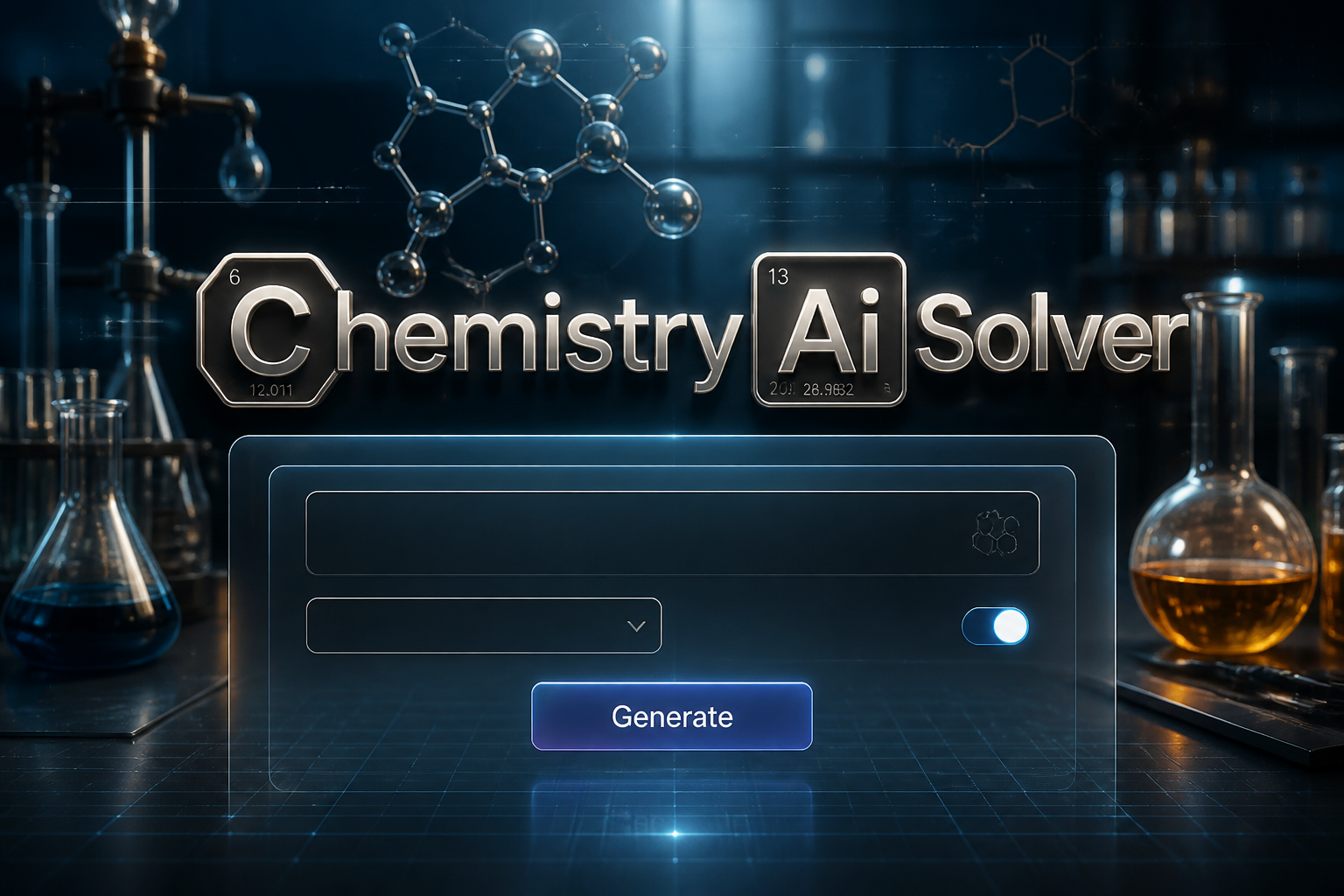Centered hero graphic for a chemistry ai solver with "Chemistry Ai Solver" in a subtle smart UI, a chemical equation input, reaction type dropdown, analysis mode toggle and Generate button, over a premium lab background with glassware and molecular structures.