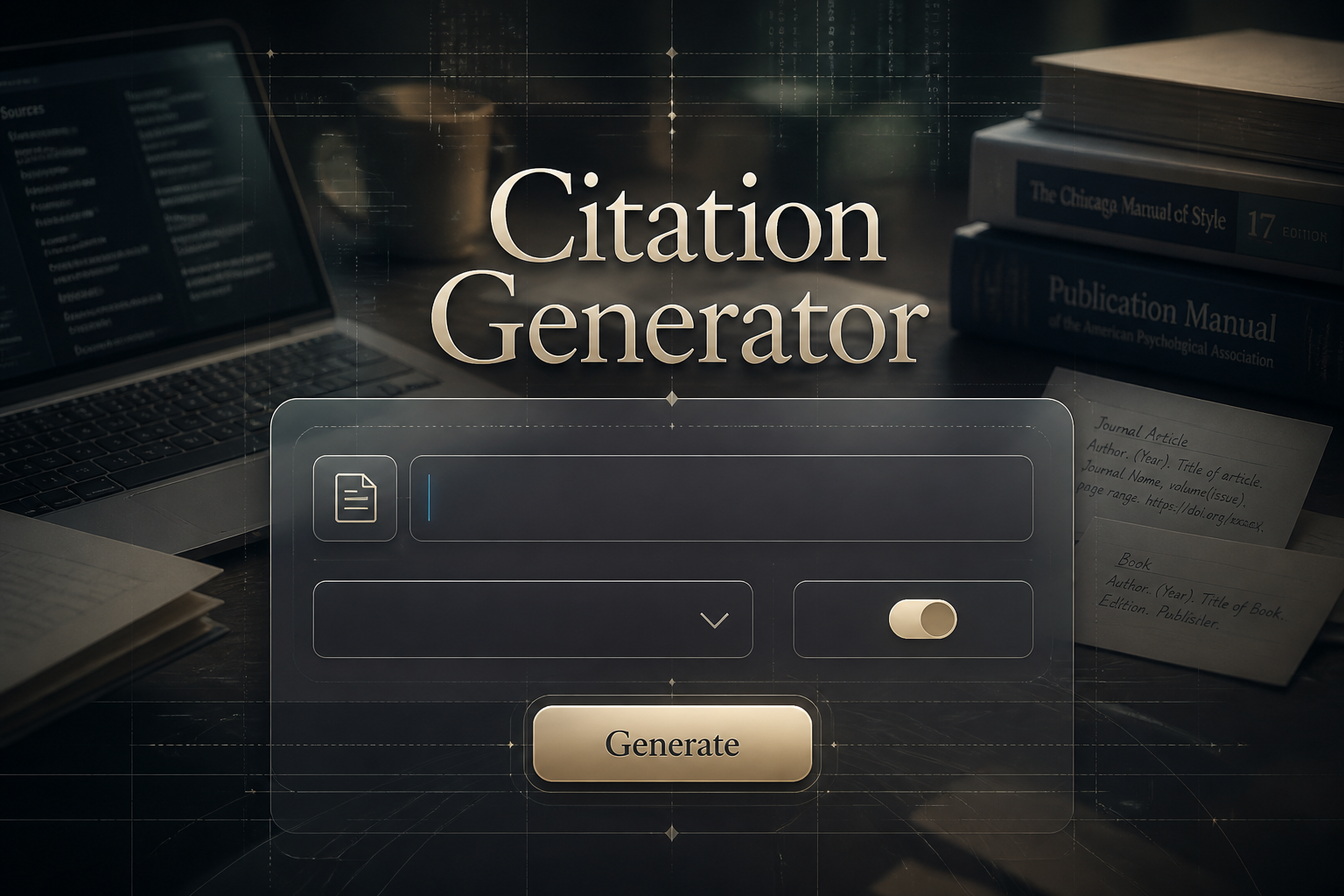 Centered hero graphic for a citation generator tool showing a refined UI panel with source details field, citation style dropdown, auto-format toggle, and Generate button over a scholarly desk scene with books, papers, and research references.