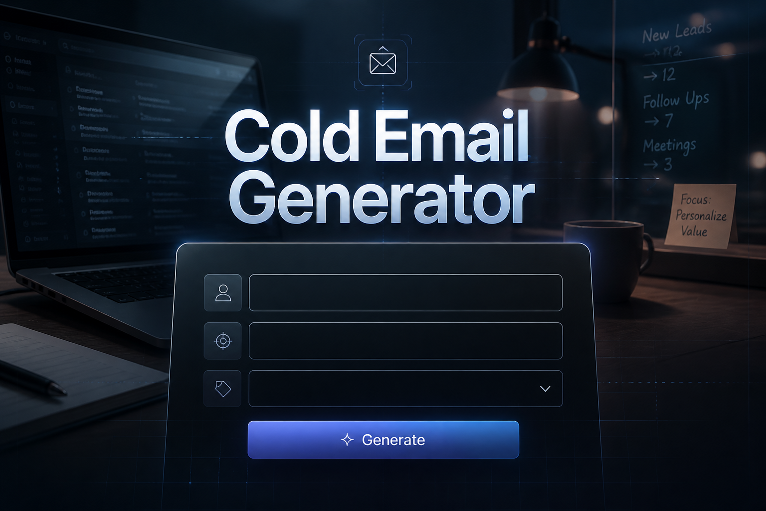 Centered hero graphic for a cold email generator tool with a sleek panel, recipient and offer input fields, a blank dropdown, and a Generate button over a modern sales workspace, ideal for AI cold outreach automation.