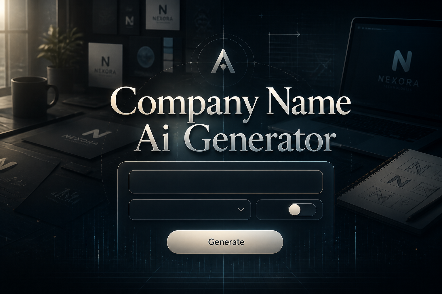 Centered hero graphic for a company name ai generator, showing the title text, one company name input field, a blank dropdown, a tone toggle, and a Generate button in a sleek premium AI startup branding interface.