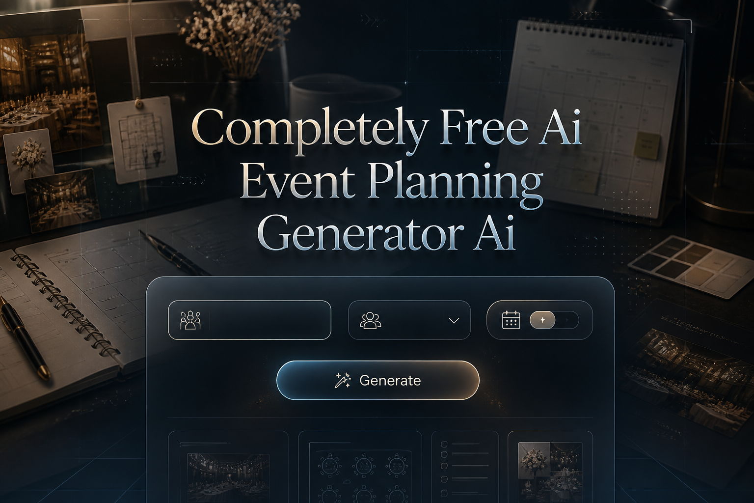 Centered hero graphic with the title Completely Free Ai Event Planning Generator Ai over a sleek AI planning panel, showing event type, event size dropdown, date selector, and Generate button, ideal for a free AI event planning generator tool.