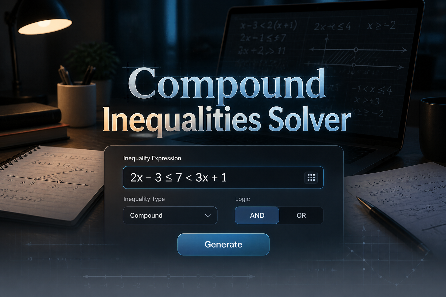 Centered hero graphic for a compound inequalities solver with the title text "Compound Inequalities Solver," an inequality expression field, AND/OR selector, Generate button, and a student workspace background, ideal for a compound inequalities solving tool and compound inequality calculator.