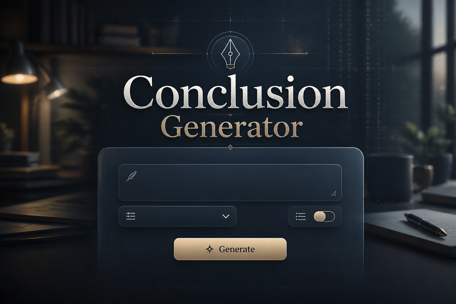 Centered hero graphic for a conclusion generator tool with the title Conclusion Generator, a refined UI panel showing a summary prompt field, tone dropdown, concise toggle, and Generate button over a sleek writing workspace with faint grid lines and alignment arrows.