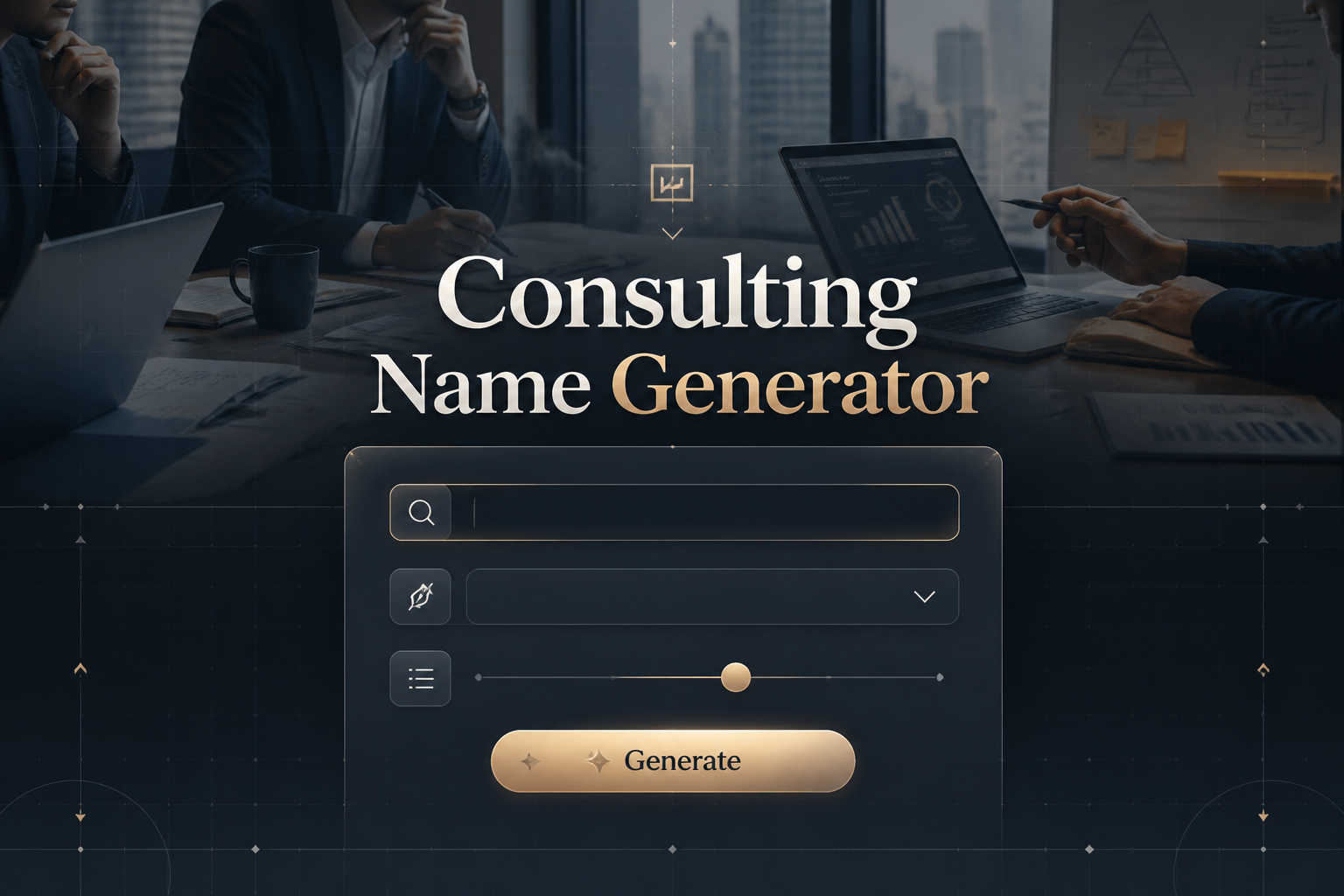 Featured hero image for a consulting name generator showing a premium UI panel with Consulting Name Generator text, keyword input, style dropdown, name-length toggle, and Generate button over a modern strategy meeting scene, ideal for consulting brand name ideas.