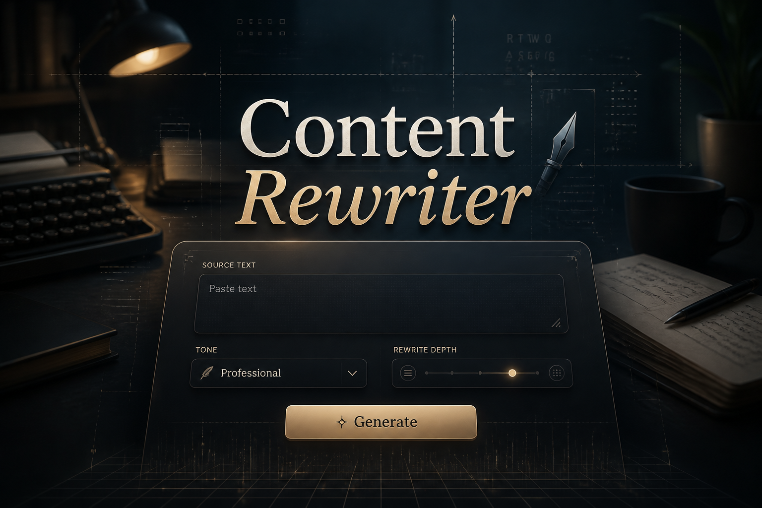 Centered hero image for a content rewriter tool with a sleek panel showing a Paste text field, tone dropdown, rewrite depth toggle, and Generate button, over a premium writing workspace background with subtle UI grid lines.