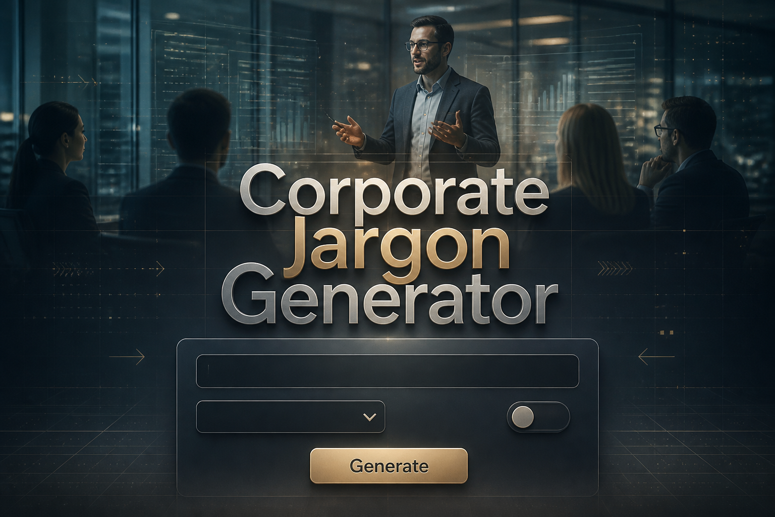 Featured hero image of a sleek Corporate Jargon Generator interface with a centered input field, dropdown, toggle, and Generate button over a glass meeting room office scene, ideal for a corporate buzzword generator tool and business jargon generator page.
