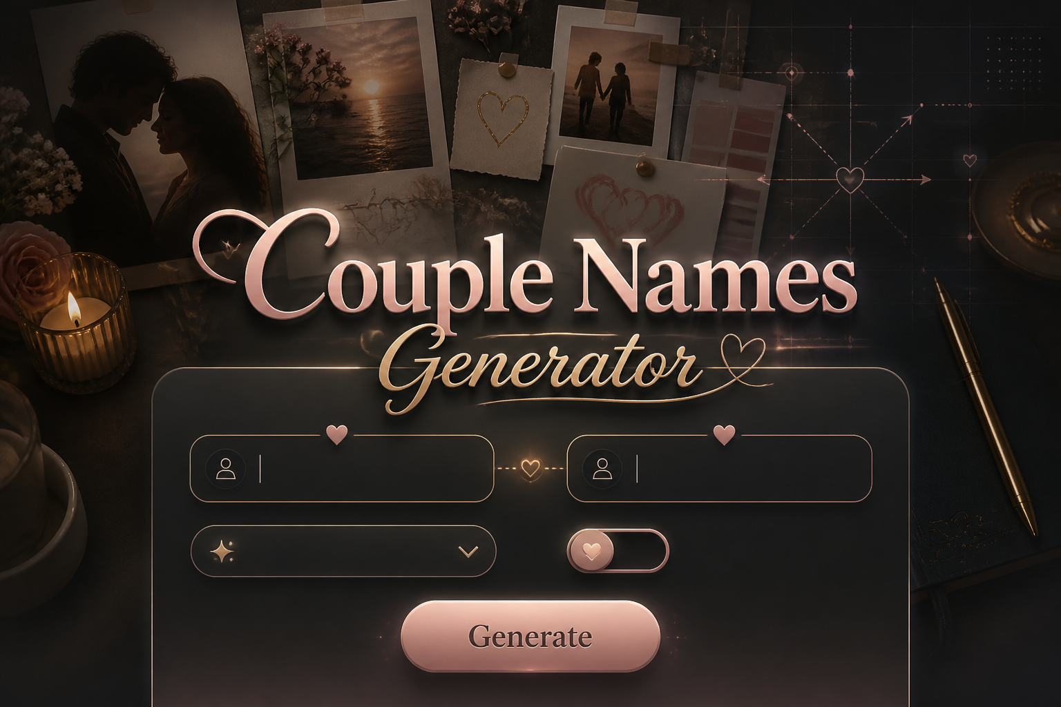 Centered hero graphic for a couple names generator tool showing "Couple Names Generator" above two name input fields, a style dropdown, a mix toggle, and a Generate button, with a romantic couple name ideas workspace in a sleek blush-and-gold UI.