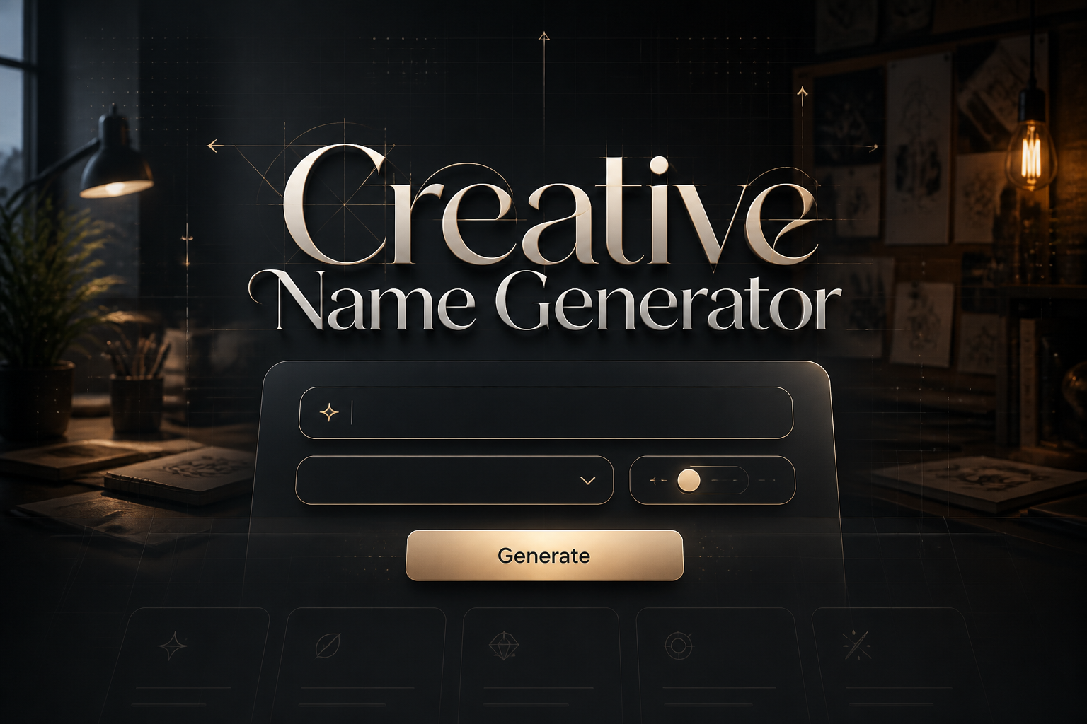 A sleek featured hero for a creative name generator shows "Creative Name Generator" over a refined UI panel with a name idea field, style dropdown, tone toggle, and Generate button, set against a moody creative workspace backdrop.