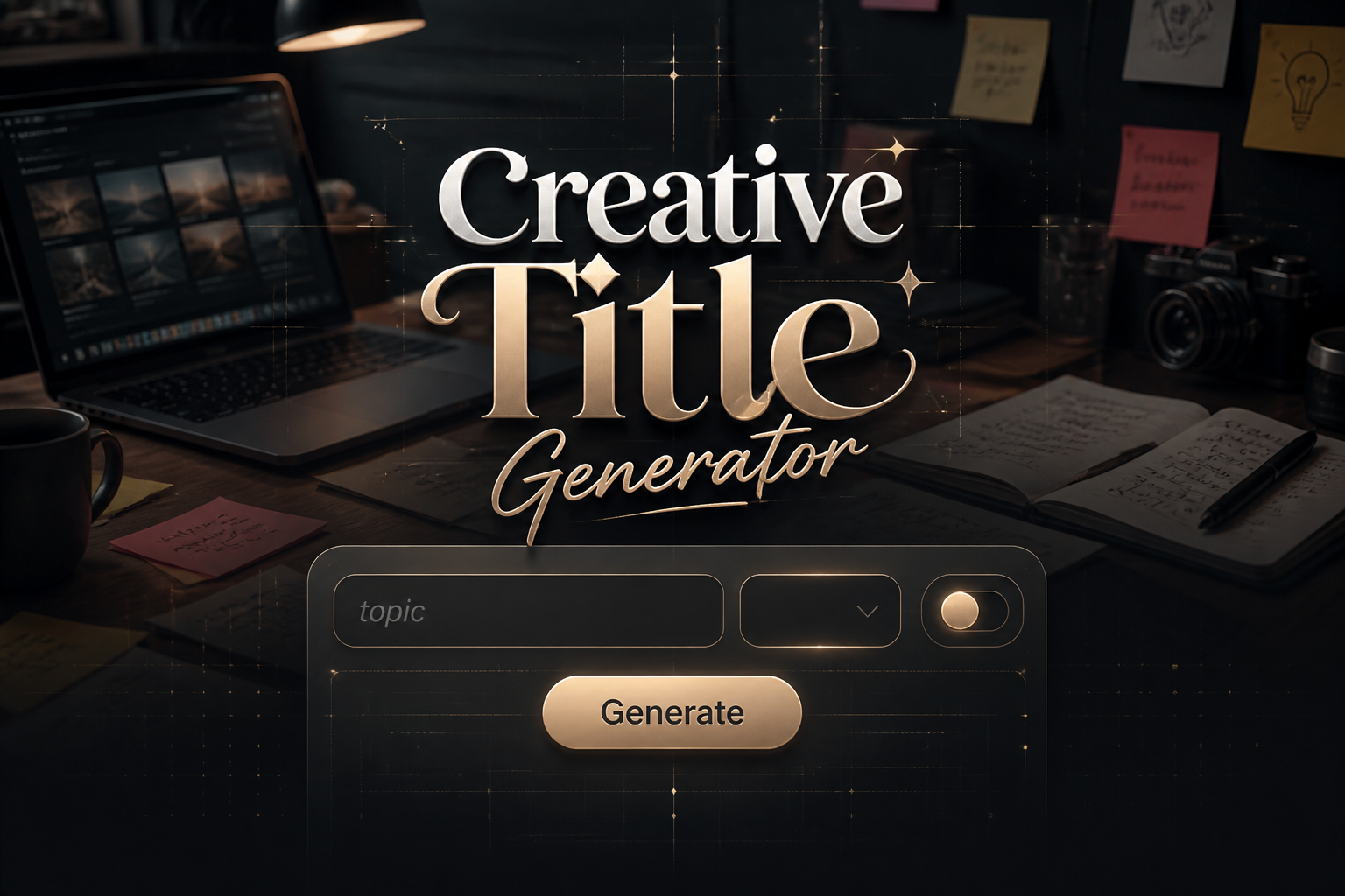 Creative Title Generator hero image with a sleek centered UI panel, topic input, compact dropdown, creative toggle and Generate button over a content creator workspace, ideal for a creative title generator tool and title idea generator.