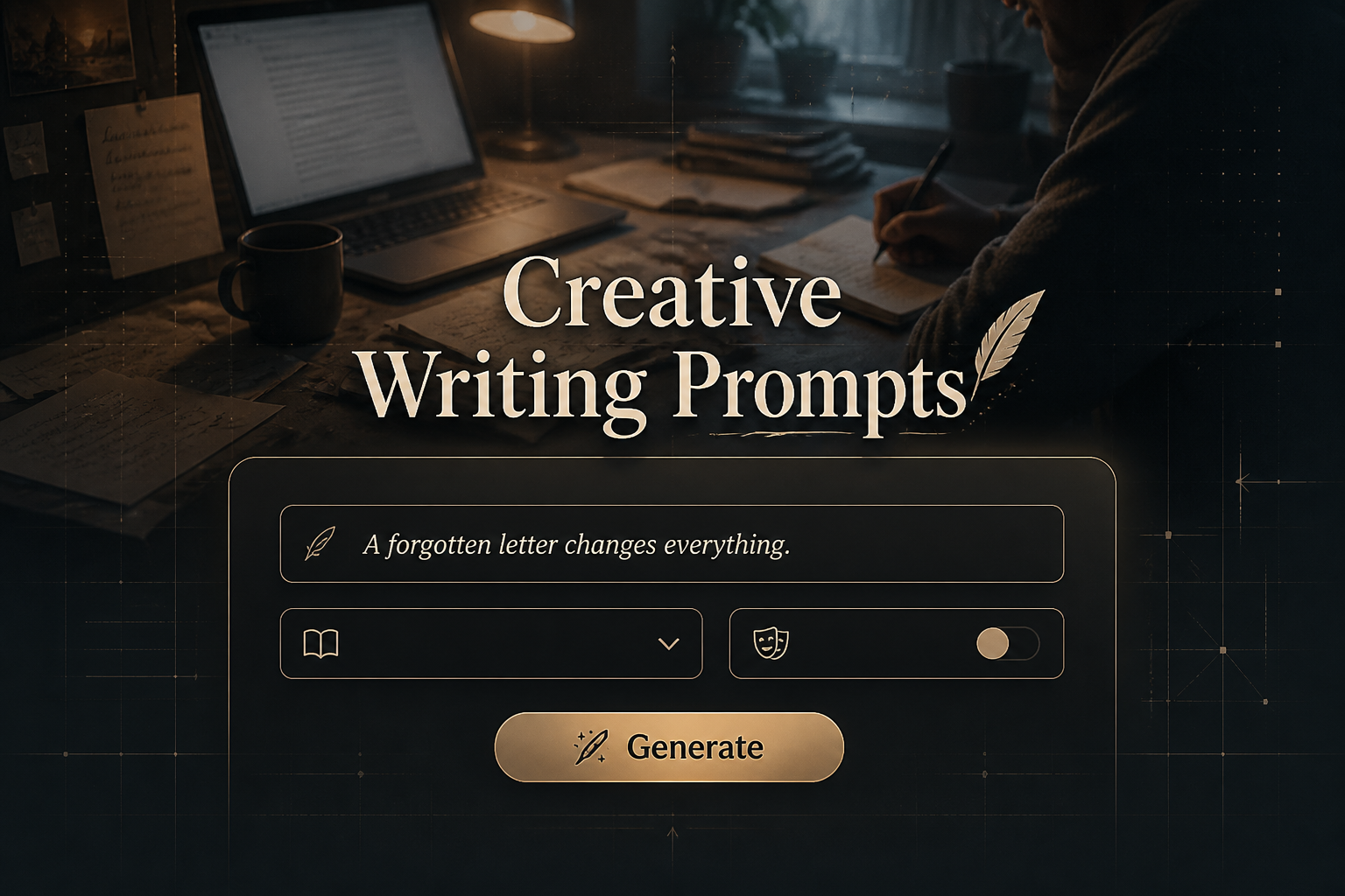 Hero graphic with the title Creative Writing Prompts above a sleek writing prompt generator, showing a prompt field, genre dropdown, tone toggle, and Generate button over a writer's desk scene with notebook, laptop glow, and story notes.