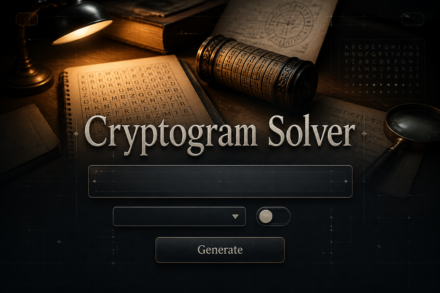 Centered hero graphic for a cryptogram solver tool with "Cryptogram Solver" in a cryptography-inspired UI, a large encrypted phrase input, blank dropdown, hint toggle, and Generate button over a sleek codebreaking puzzle interface.