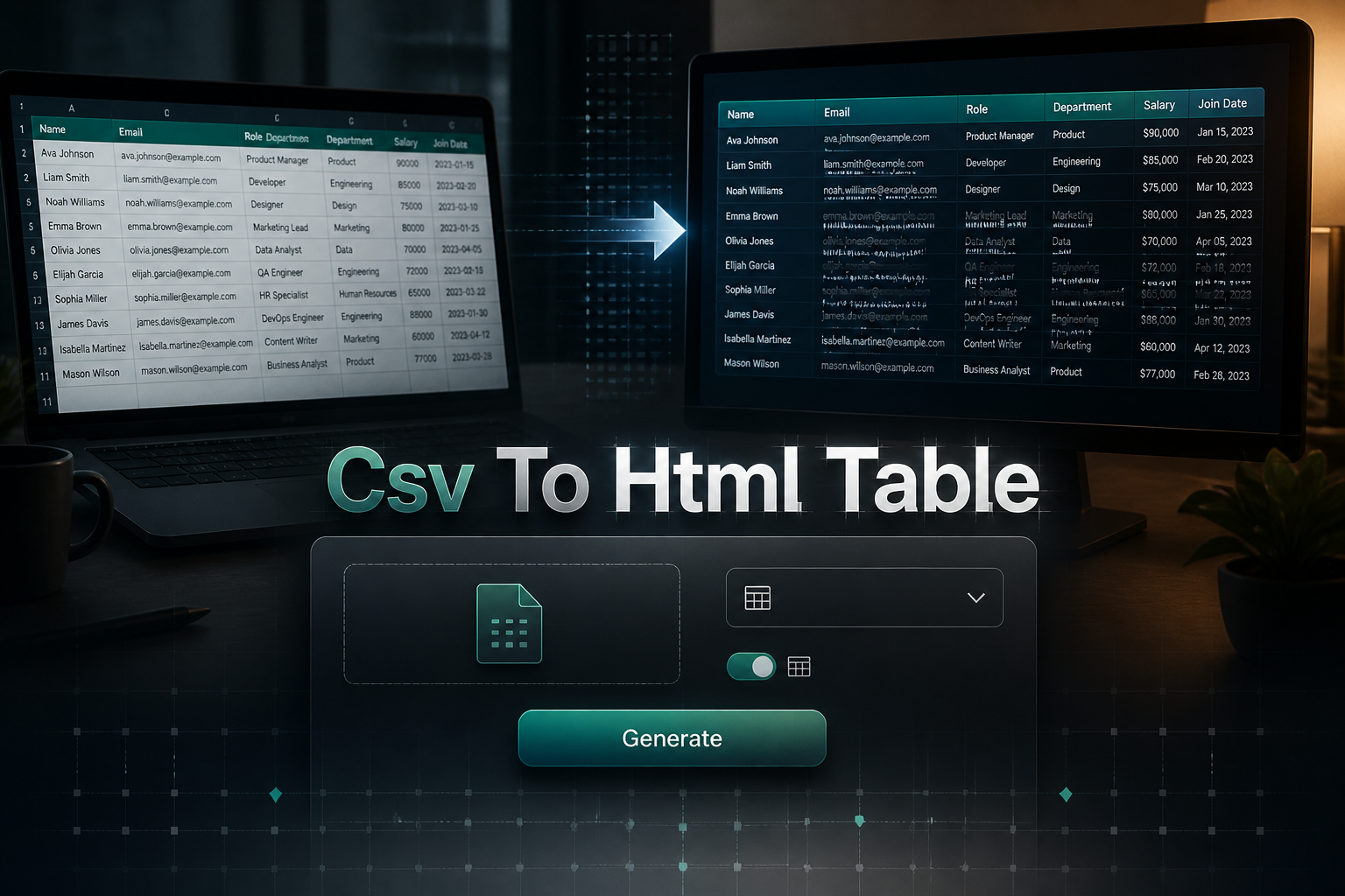 Centered hero graphic for a Csv To Html Table tool showing a refined UI panel with a CSV input field, table style dropdown, header row toggle, and Generate button over a spreadsheet-to-web-table conversion scene with subtle grid lines.