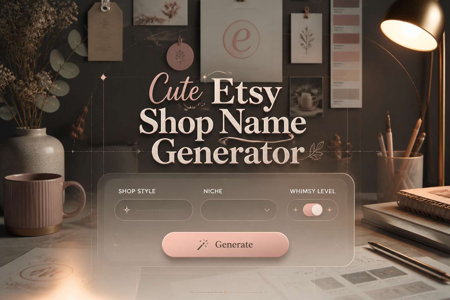 Hero graphic for a Cute Etsy Shop Name Generator showing a centered sleek panel with shop style input, niche dropdown, whimsy toggle, and Generate button over a polished creative branding background, ideal for Etsy shop name ideas and cute shop name generator searches