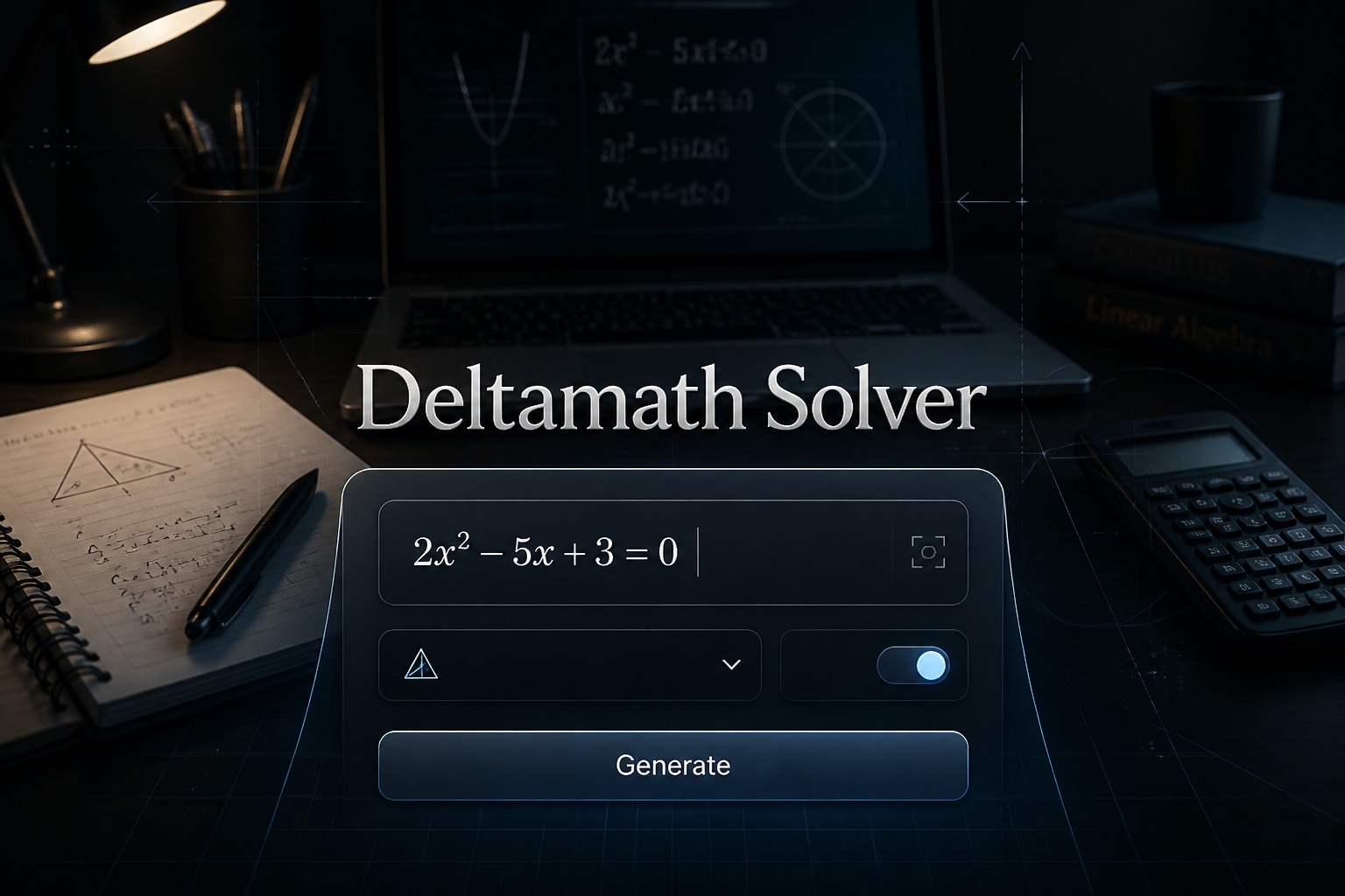 Centered featured hero graphic for Deltamath Solver showing a sleek math tool panel with a large problem input field, problem type dropdown, step-view toggle, and Generate button over a dark study desk with notebook, calculator, laptop, and faint grid accents, ideal for delta math solver help and online delta math answers search.