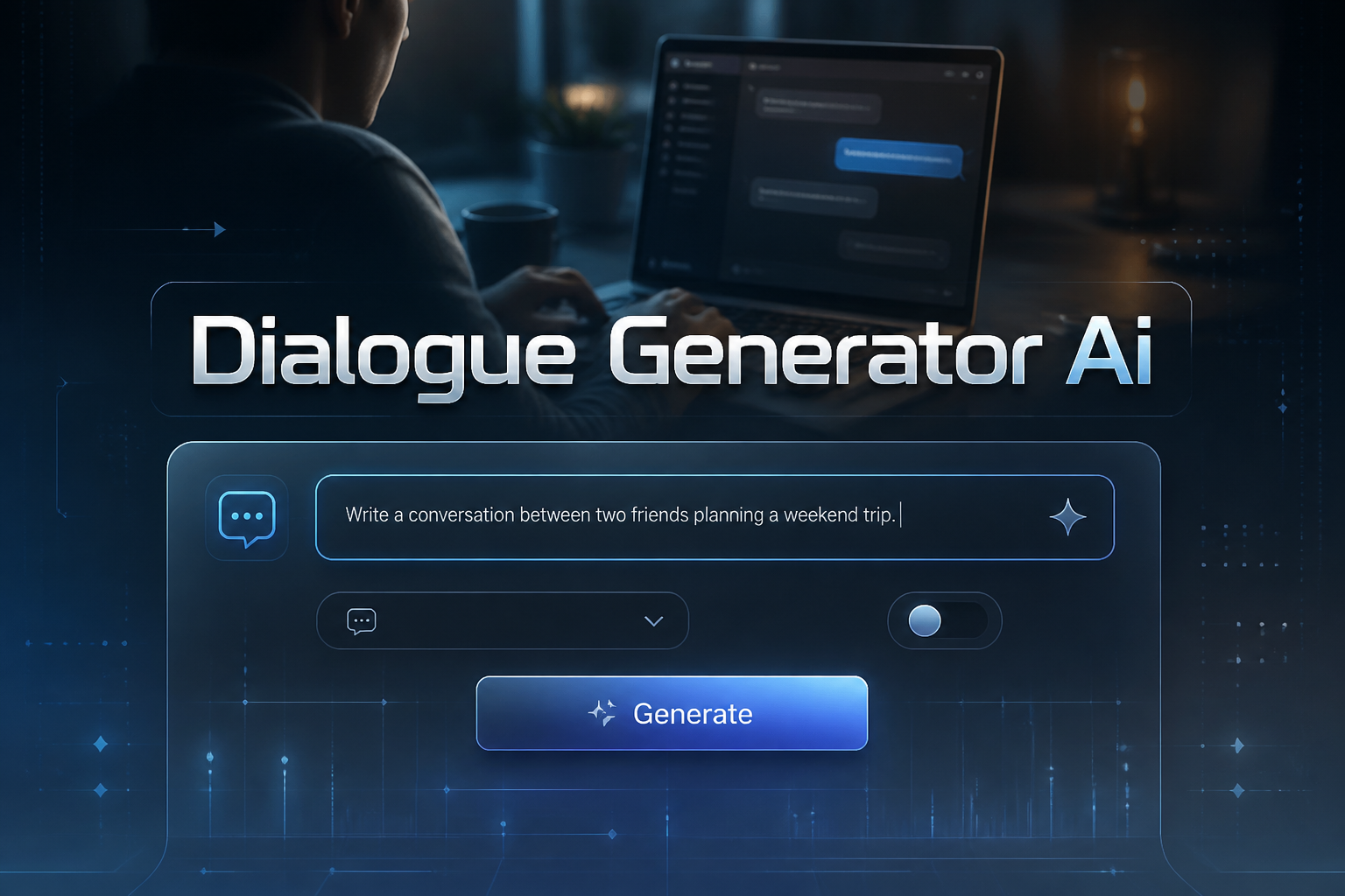 Centered hero image of a dialogue generator AI interface with the title text, a main input field, compact tone dropdown, conversation toggle, and Generate button, over a faint laptop chat scene with subtle grid lines and premium UI details.