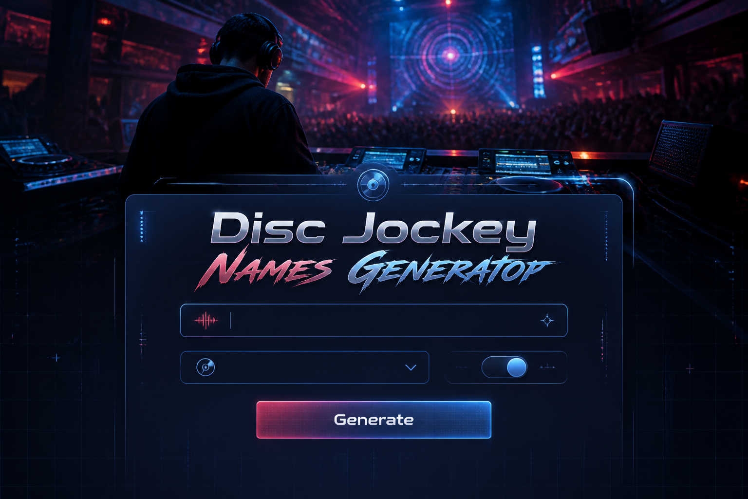 Centered hero graphic for a Disc Jockey Names Generator with a polished DJ-style UI panel, a DJ vibe input, genre dropdown, length toggle, and Generate button over a moody nightclub booth background, ideal for a DJ name ideas generator and disc jockey name generator tool.