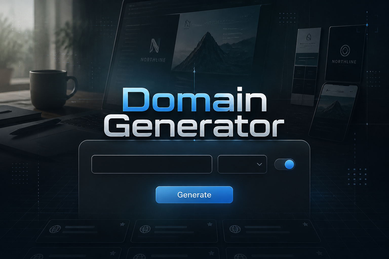 Centered hero graphic for a domain generator tool showing the title Domain Generator above a sleek panel with a domain name input, extension dropdown, name style toggle, and Generate button, in a premium website name generator interface.