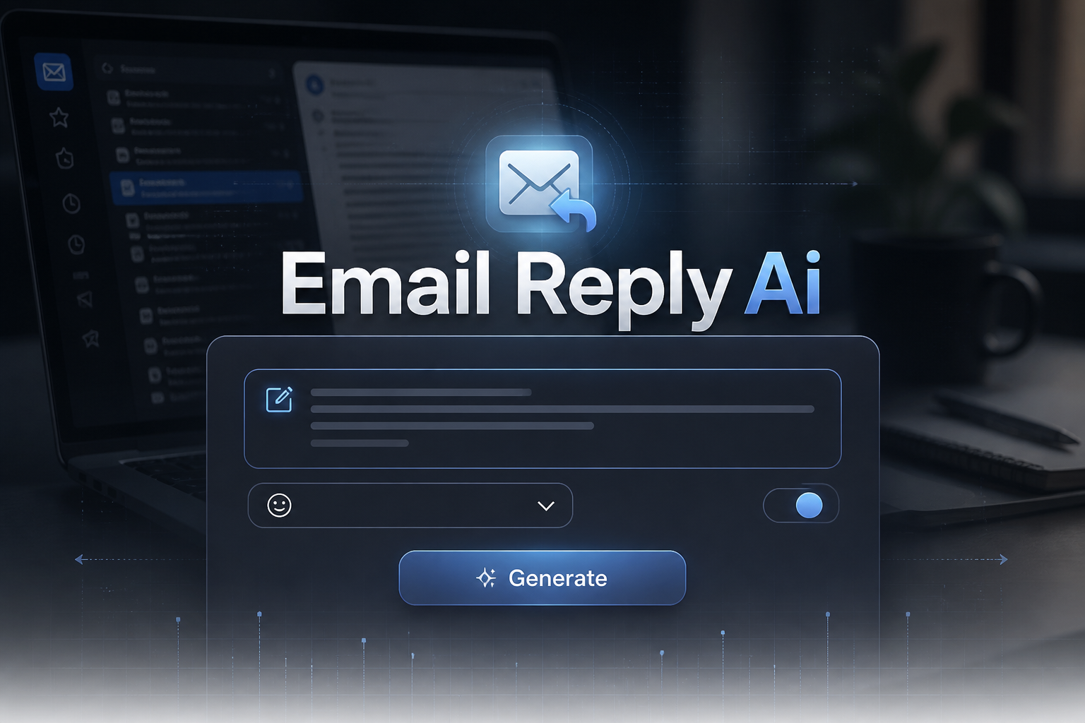 Centered hero image for Email Reply Ai showing a sleek email assistant UI with a draft email field, tone dropdown, concise mode toggle, and Generate button over a professional inbox workspace, ideal for AI email reply generator and email response assistant tool.