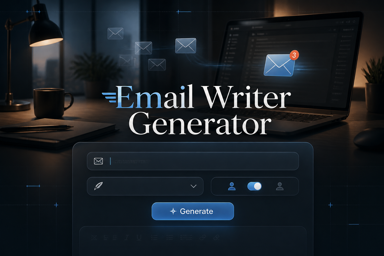 A premium hero image shows "Email Writer Generator" in a sleek email writer generator UI with a subject field, tone dropdown, audience toggle, and Generate button over a modern workspace with laptop and mail notifications.