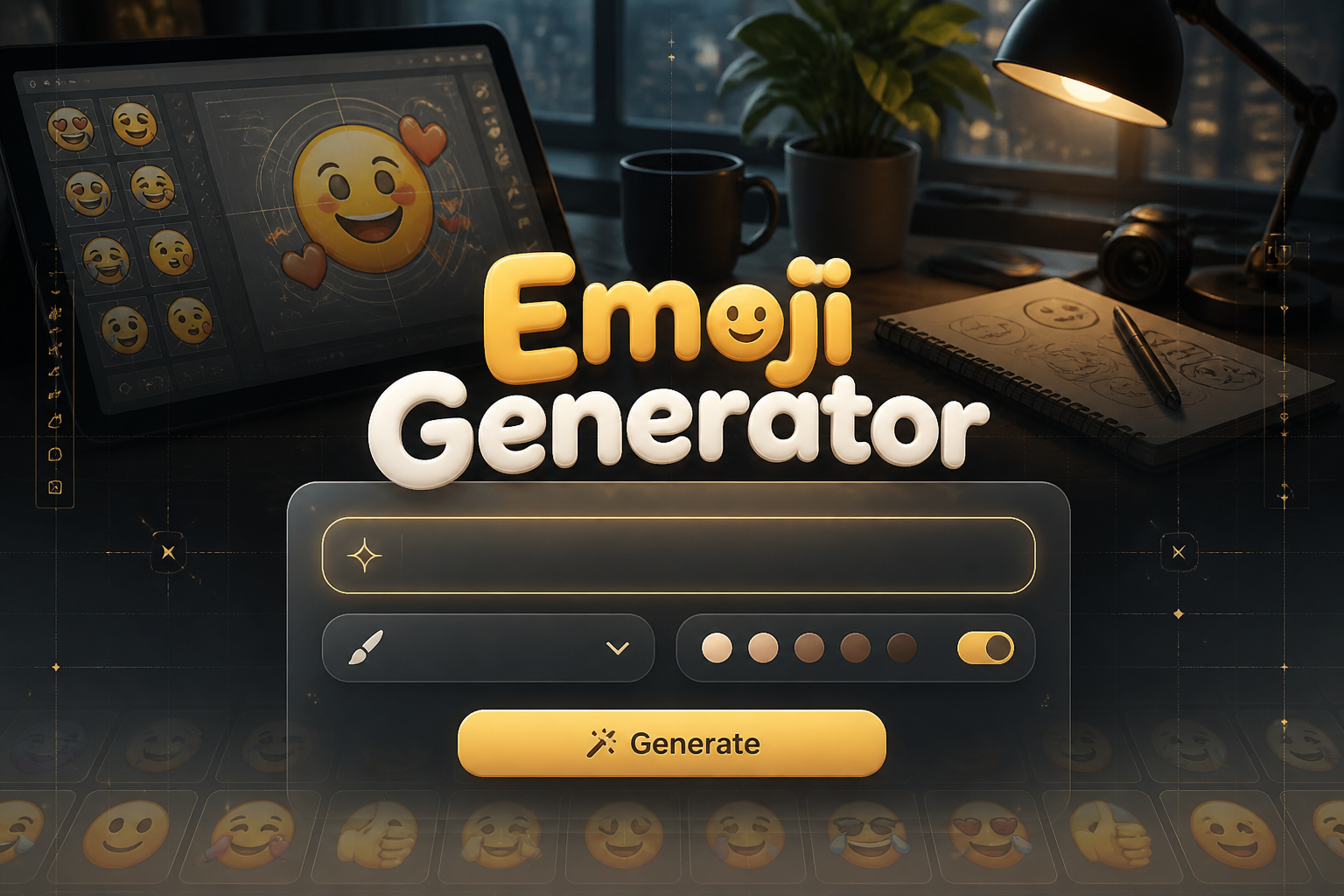 Featured hero image of an Emoji Generator UI with a centered "Emoji Generator" title, keyword input, style dropdown, variation toggle, and Generate button, in a polished modern interface with subtle grid lines and emoji generator tool design.