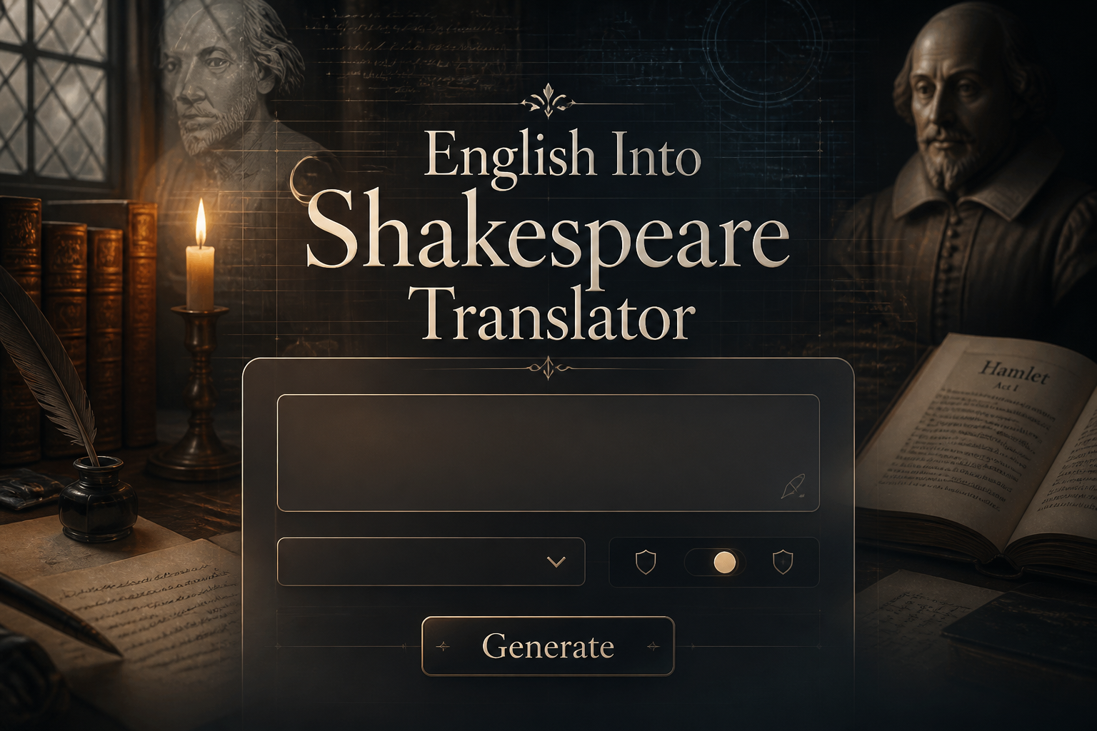 Centered hero graphic for an English Into Shakespeare Translator with elegant shadowed title, modern English text input, tone dropdown, language style toggle and Generate button, a polished Shakespeare text converter UI over a dramatic literary backdrop.