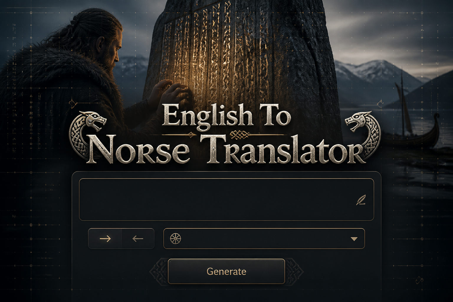 Featured hero image for an English to Norse translator showing a centered premium UI panel with an English input field, Norse style dropdown, direction toggle, and Generate button over a fading ancient rune stone translation scene with subtle grid accents.