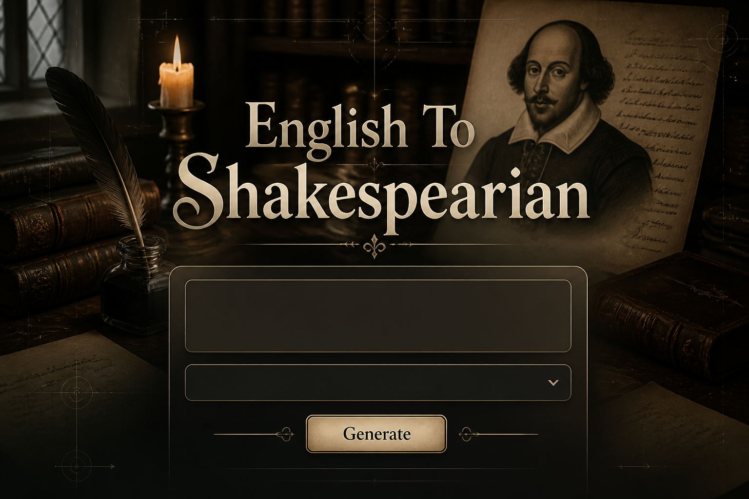 Featured hero image for an English To Shakespearian tool showing a centered refined UI panel with one modern English input field, tone dropdown, and Generate button, over a literary editing scene with elegant script styling and translation interface design.