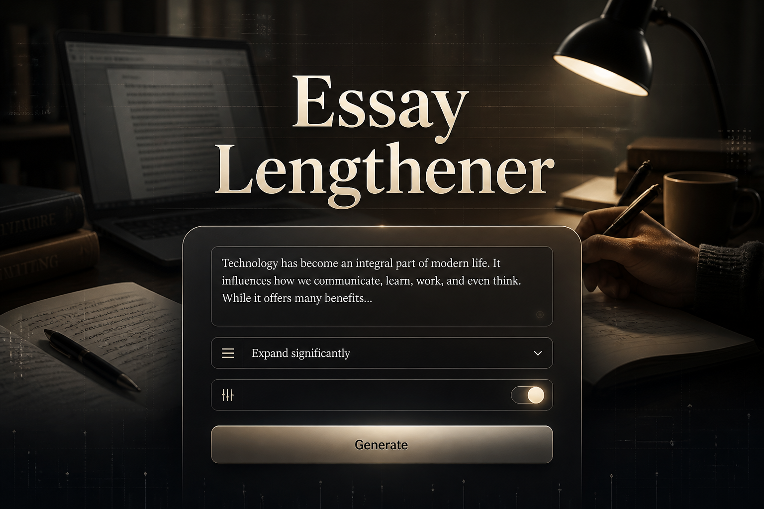 A polished hero graphic shows "Essay Lengthener" above a sleek panel with a short essay snippet in a text field, a length dropdown, a tone toggle, and a Generate button, with a high-end essay lengthening tool interface over a dark editorial writing scene.