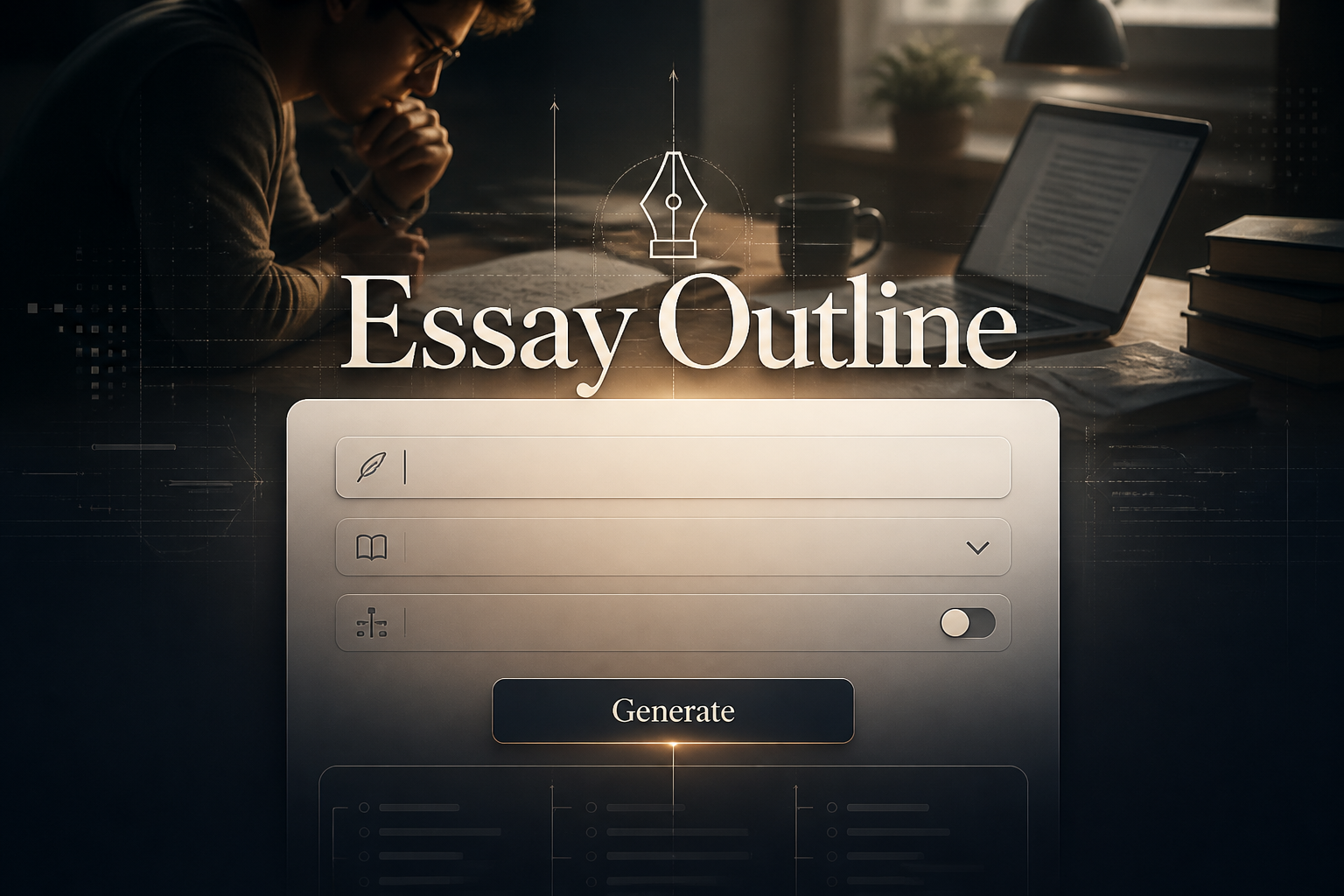 Centered hero image for an essay outline tool with the text Essay Outline, a topic input, essay type dropdown, structure style toggle, and Generate button, plus a premium writing desk background for essay outline template planning.