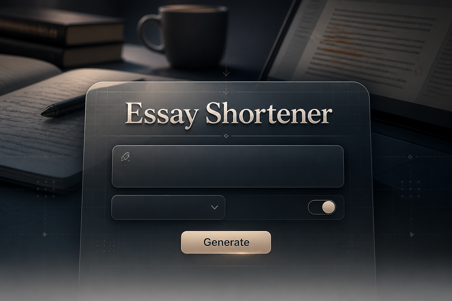 Centered hero image of an Essay Shortener tool with a soft-shadow title, a simple Paste essay input, blank dropdown and toggle, and a Generate button over a polished fading writing-editing interface with subtle grid lines and premium UI details.
