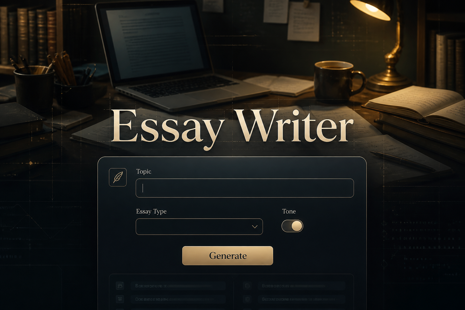 Featured hero image for an essay writer tool showing the title Essay Writer above a sleek centered UI panel with a topic field, essay type dropdown, tone toggle, and Generate button over a warm writer desk scene with subtle grid details and essay writing assistance interface design.