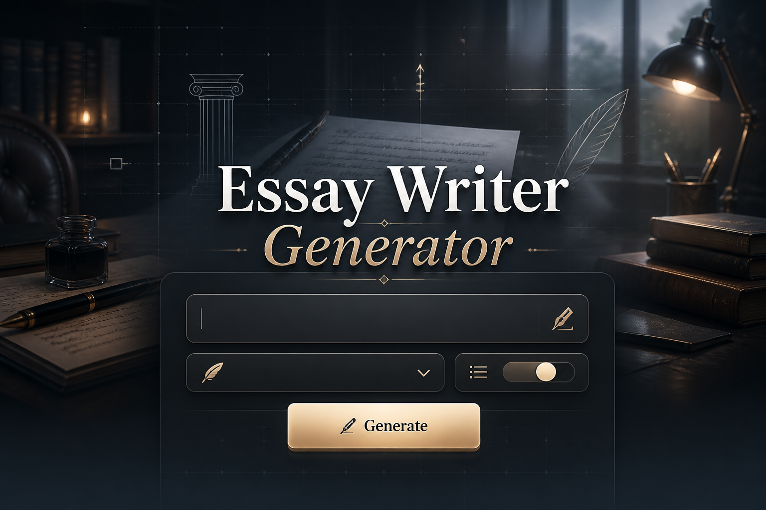 A sleek featured hero graphic shows the text Essay Writer Generator above a centered essay topic input, tone dropdown, length toggle, and Generate button, with a premium essay writer generator tool UI fading into a study scene with subtle grid lines.