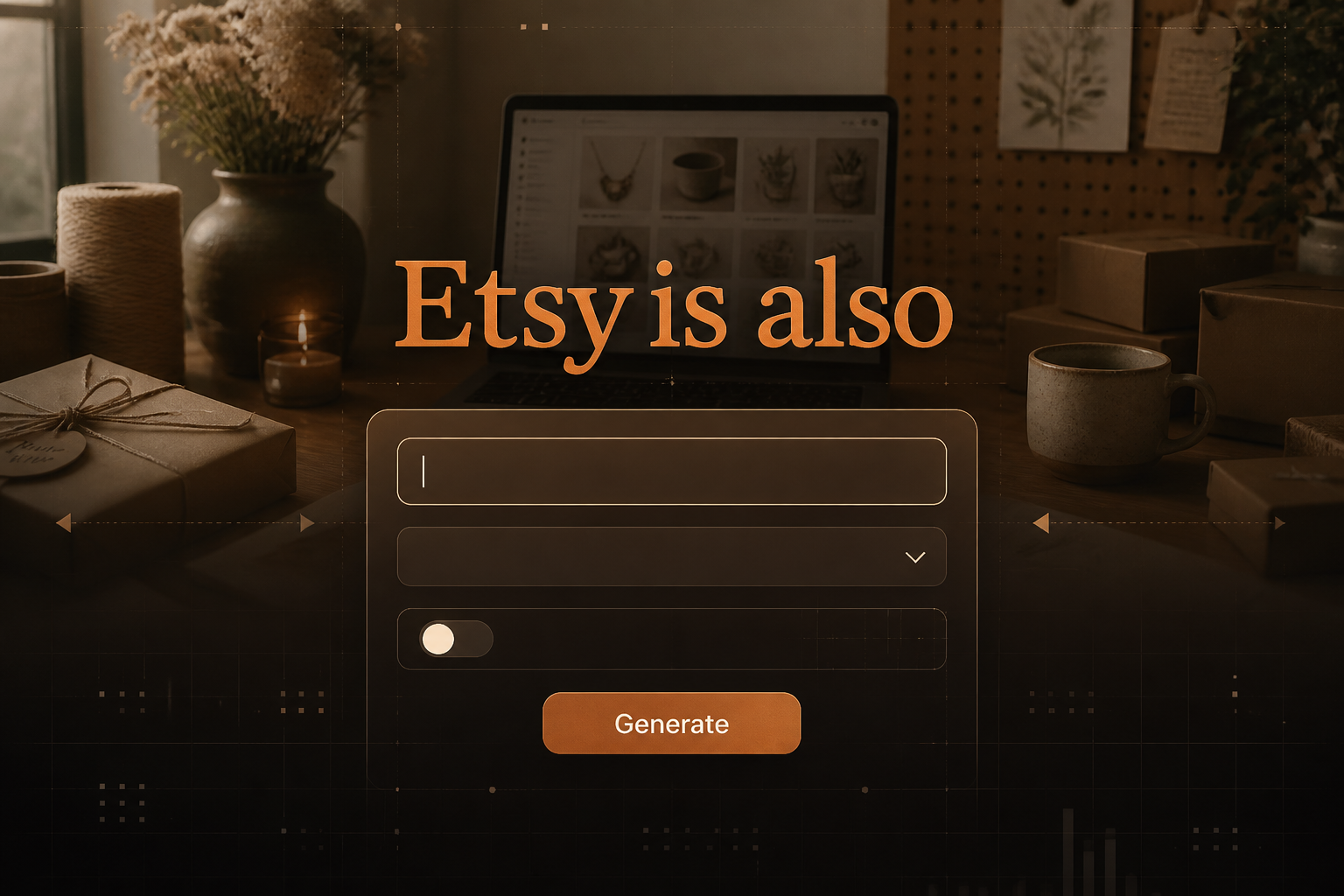 Hero image for an Etsy tool with the text Etsy is also, a centered UI panel with a shop or listing query field, dropdown, toggle, and Generate button, over a warm Etsy seller workspace for Etsy shop optimization and Etsy listing ideas.