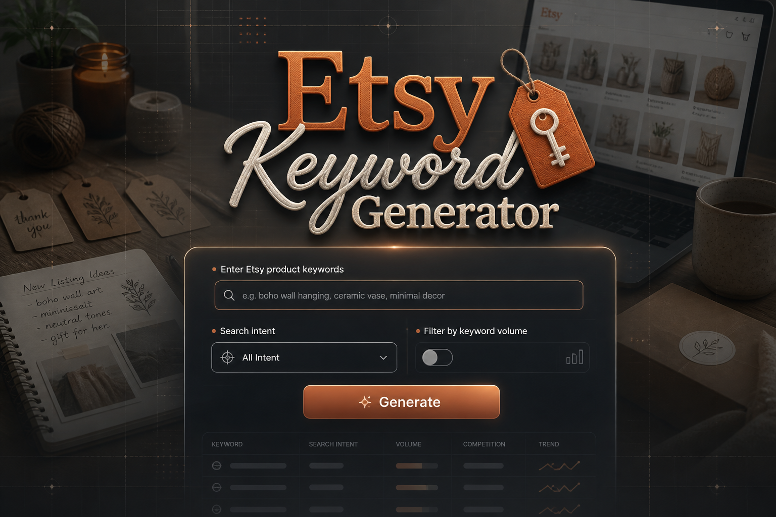 Centered hero image for an Etsy Keyword Generator tool showing a sleek UI panel with one keyword input, search intent dropdown, volume filter toggle, and Generate button, over an Etsy seller workspace background with subtle grid and arrows.