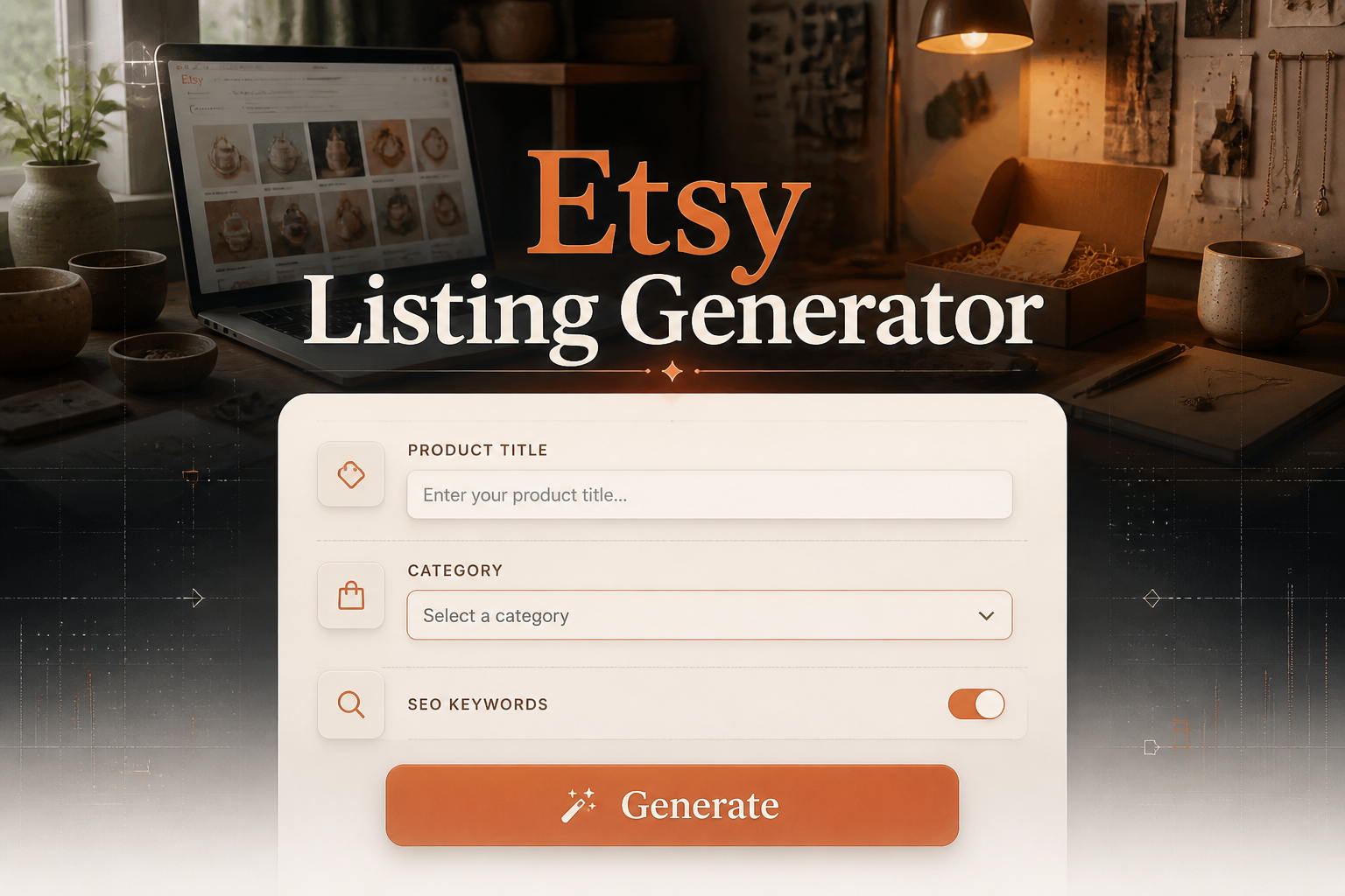Hero image for an Etsy Listing Generator tool showing a polished UI panel with a product title field, category dropdown, SEO keywords toggle, and Generate button, set over a creative online shop workspace.