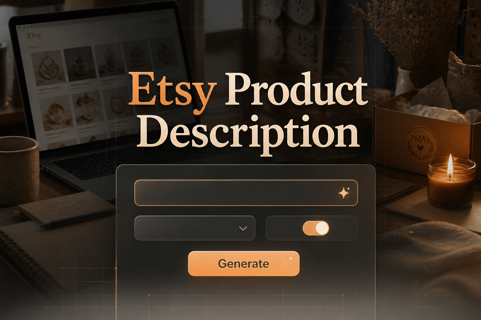 Centered hero graphic for an Etsy product description tool, showing a refined UI panel with a keyword input, blank dropdown, tone toggle, and Generate button over a sleek seller workspace, ideal for an Etsy product description generator and listing copy tool.