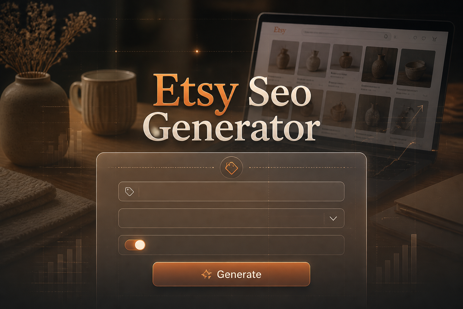 Featured hero graphic for an Etsy SEO generator with centered "Etsy Seo Generator" text, a polished smart UI panel showing product title input, dropdown, toggle, and Generate button, styled for Etsy keyword optimization tool workflow.