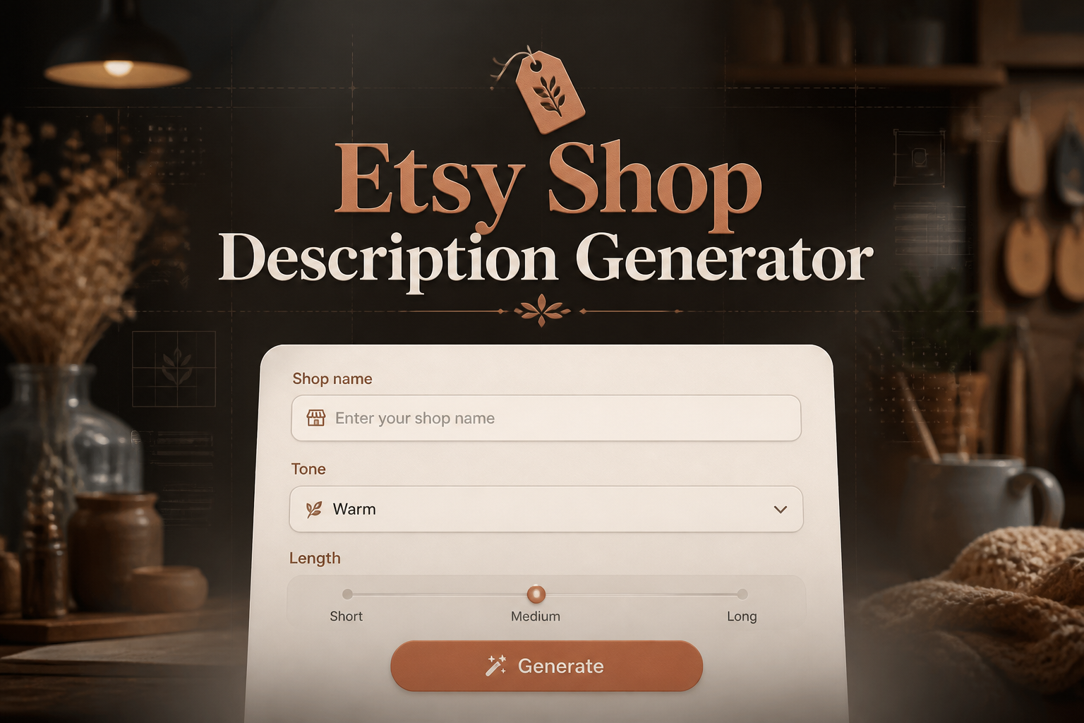 Featured hero image for an Etsy shop description generator showing a centered UI panel with shop name field, tone dropdown, length toggle, and Generate button over a warm artisan workspace background.