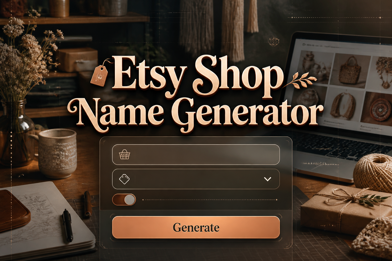 Featured hero graphic for an Etsy shop name generator, showing a centered UI panel with a shop style input, niche dropdown, tone toggle, and Generate button over an artisan workspace, with Etsy shop name ideas generator styling and smart niche branding tool aesthetics.