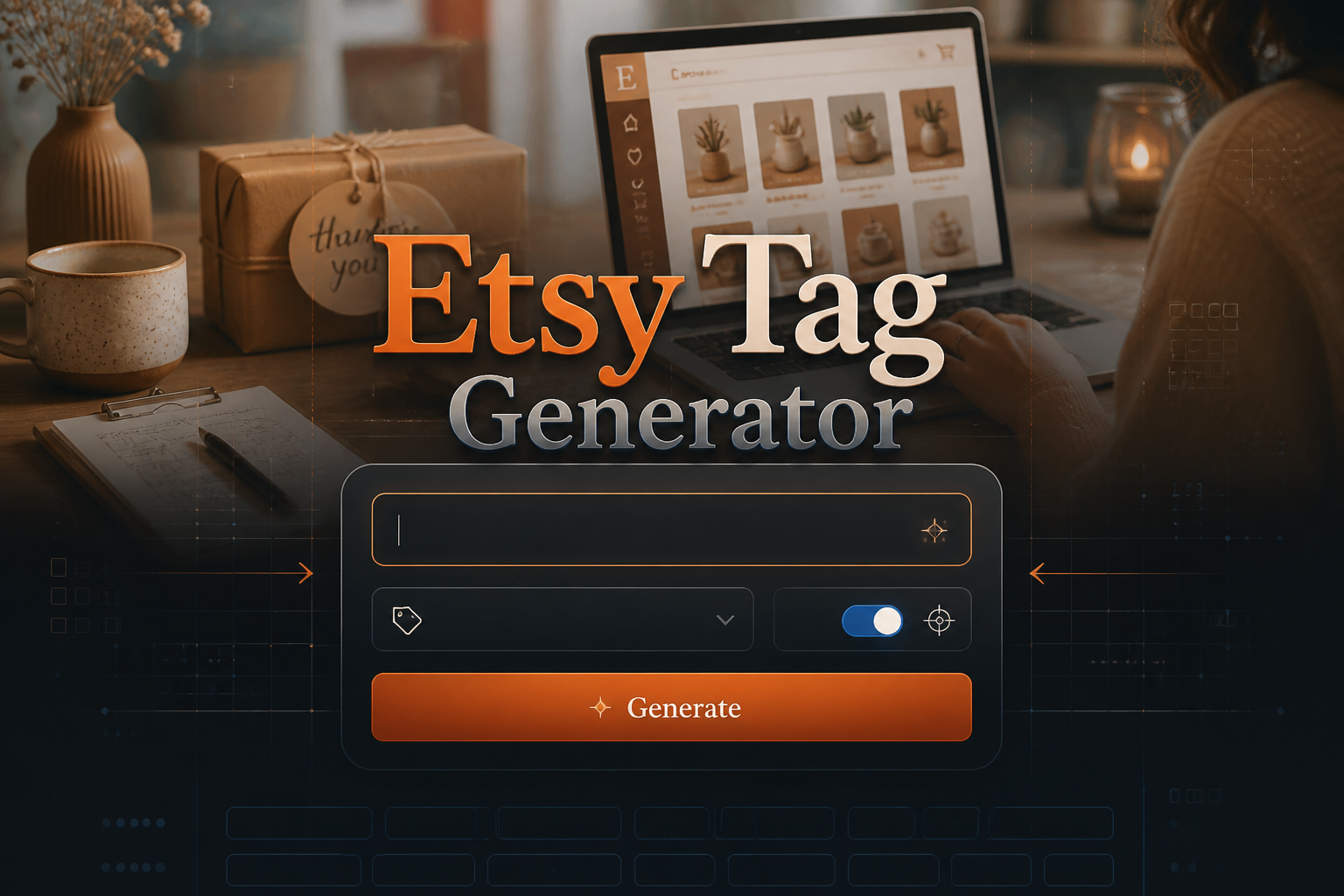 Centered premium hero graphic for Etsy Tag Generator with a large title, keyword input field, tag style dropdown, search intent toggle, and Generate button, over an online shop owner background with subtle grid lines for Etsy tag generator tool and Etsy listing tag ideas