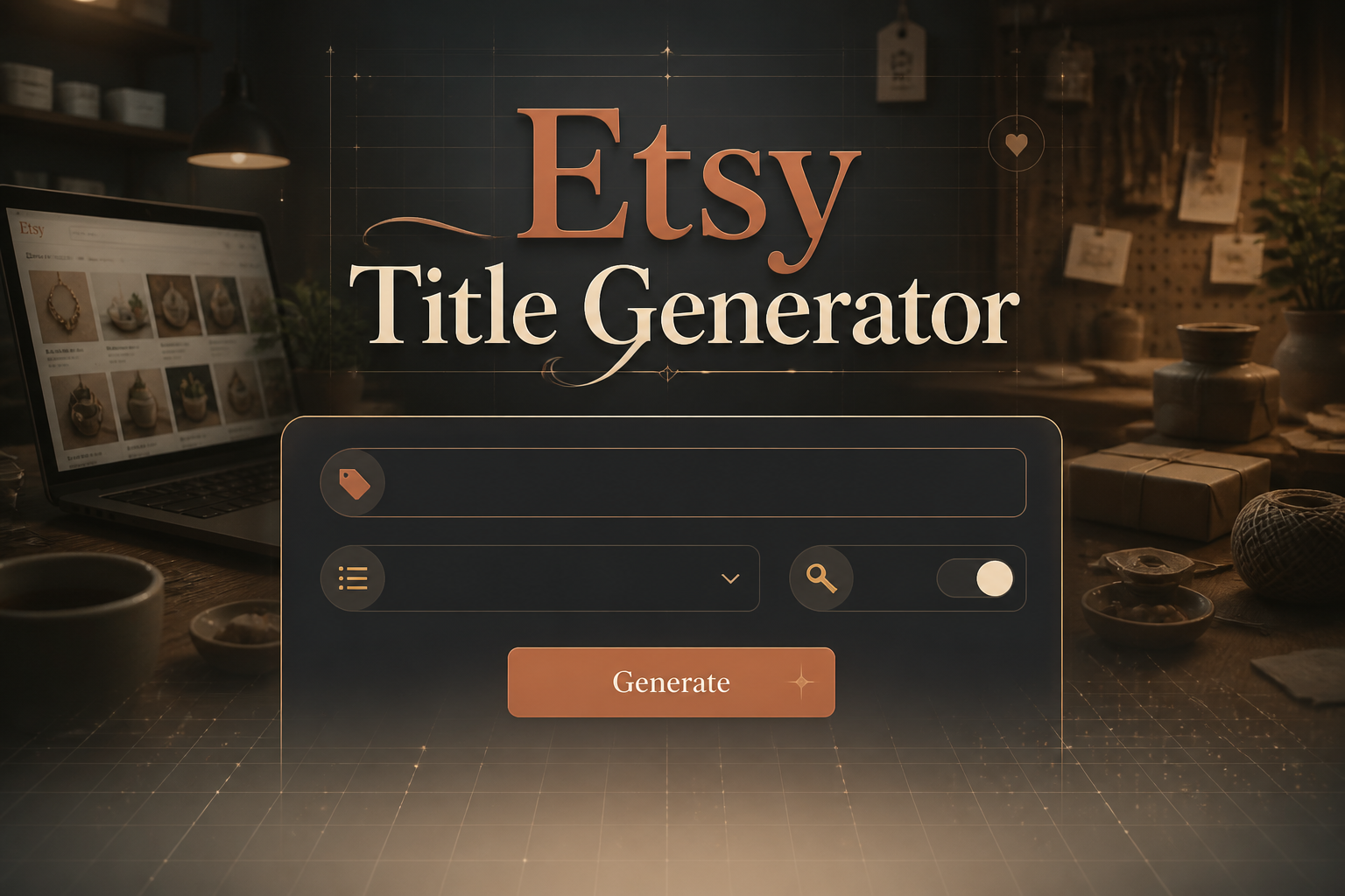 Centered hero graphic for an Etsy Title Generator with elegant shadowed text, a refined tool panel showing an Etsy product idea input, listing style dropdown, keyword focus toggle, and Generate button, in a premium craft-shop UI scene.