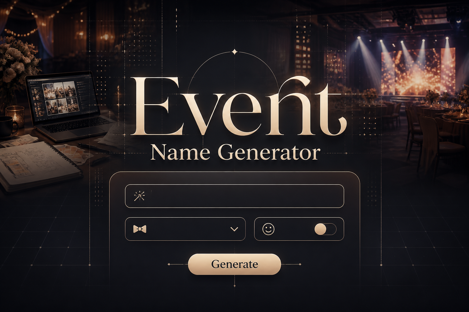 Centered hero graphic for an event name generator tool with a refined UI panel, visible event theme input, event style dropdown, tone toggle, and Generate button, set over a premium event planning desk and venue-inspired background.