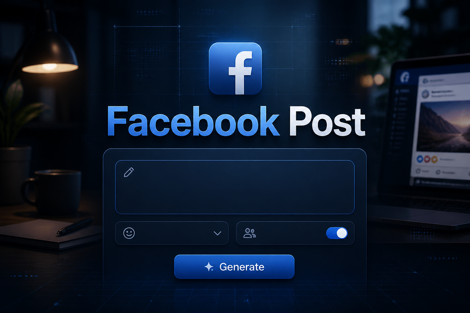 Centered sleek hero graphic for a Facebook Post tool with the title Facebook Post in soft shadow, a post idea input, tone dropdown, audience style toggle, and Generate button, styled as a modern social media post generator UI.