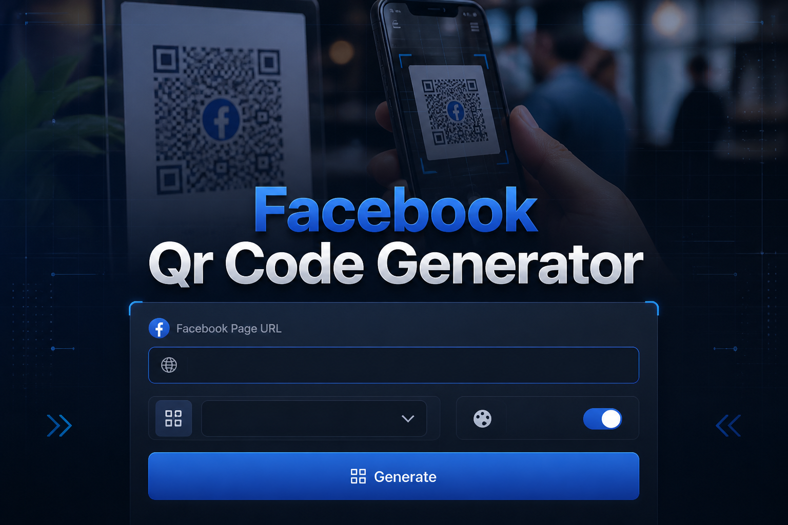 Centered hero graphic for a Facebook QR code generator showing a refined UI panel with a page URL field, size dropdown, color toggle, and Generate button, over a phone scanning a QR code in a social media setting.