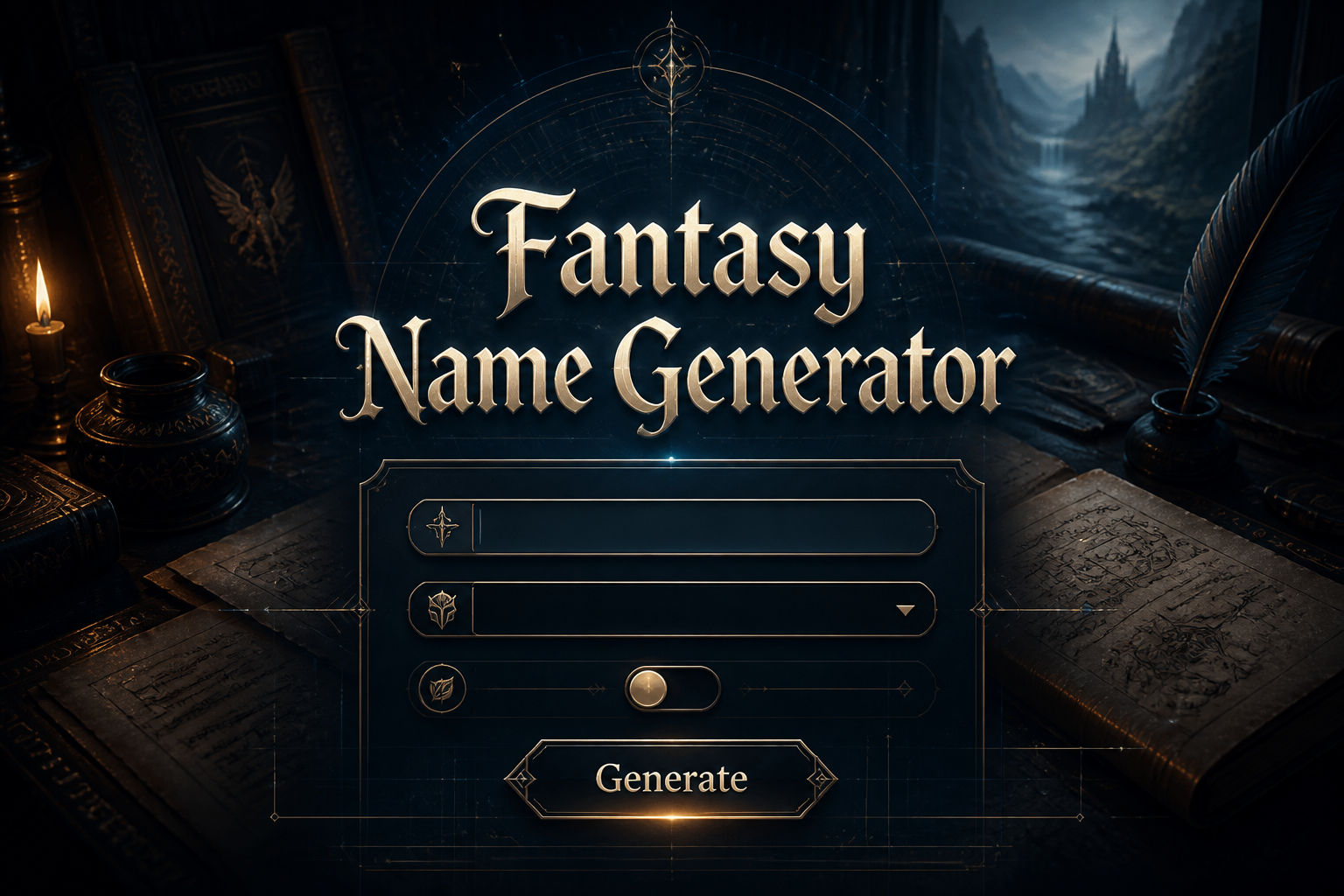 Fantasy Name Generator hero image showing a sleek fantasy-themed UI panel with a name seed input, realm or race dropdown, style tone toggle, and Generate button over a writer's desk with lore books, quills, glowing runes, and subtle grid lines.