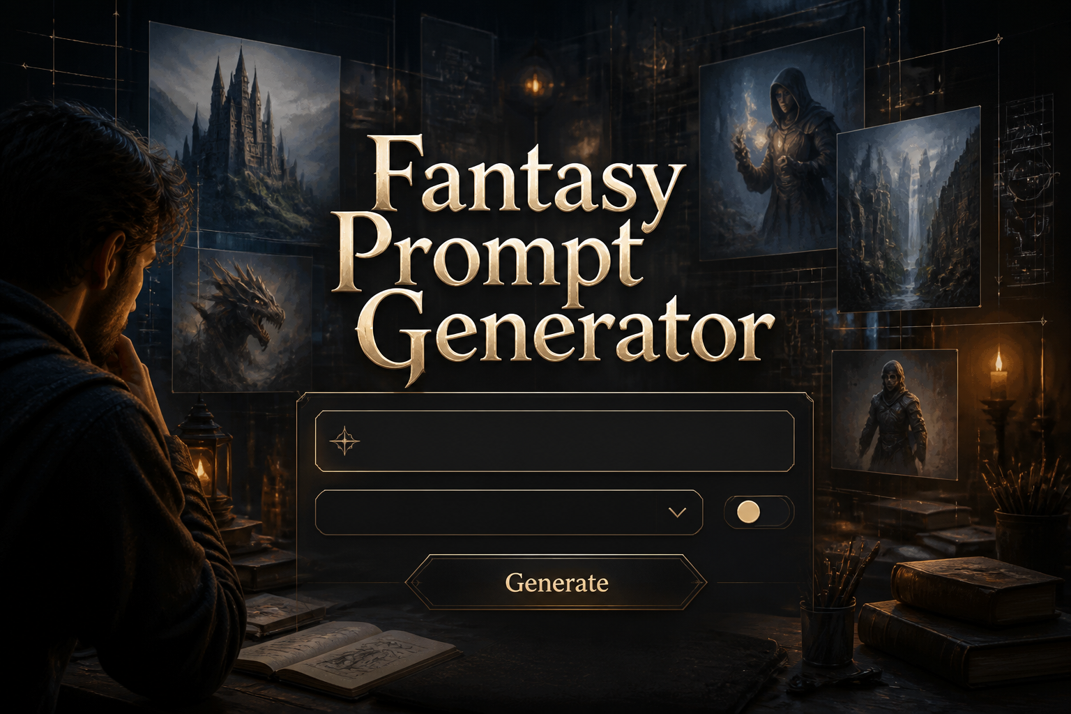 Centered fantasy prompt generator hero image with a glowing fantasy-themed UI panel, a "Generate" button, and a writer framed by magical reference visuals, ideal for fantasy prompt generator and fantasy writing prompt generator tools