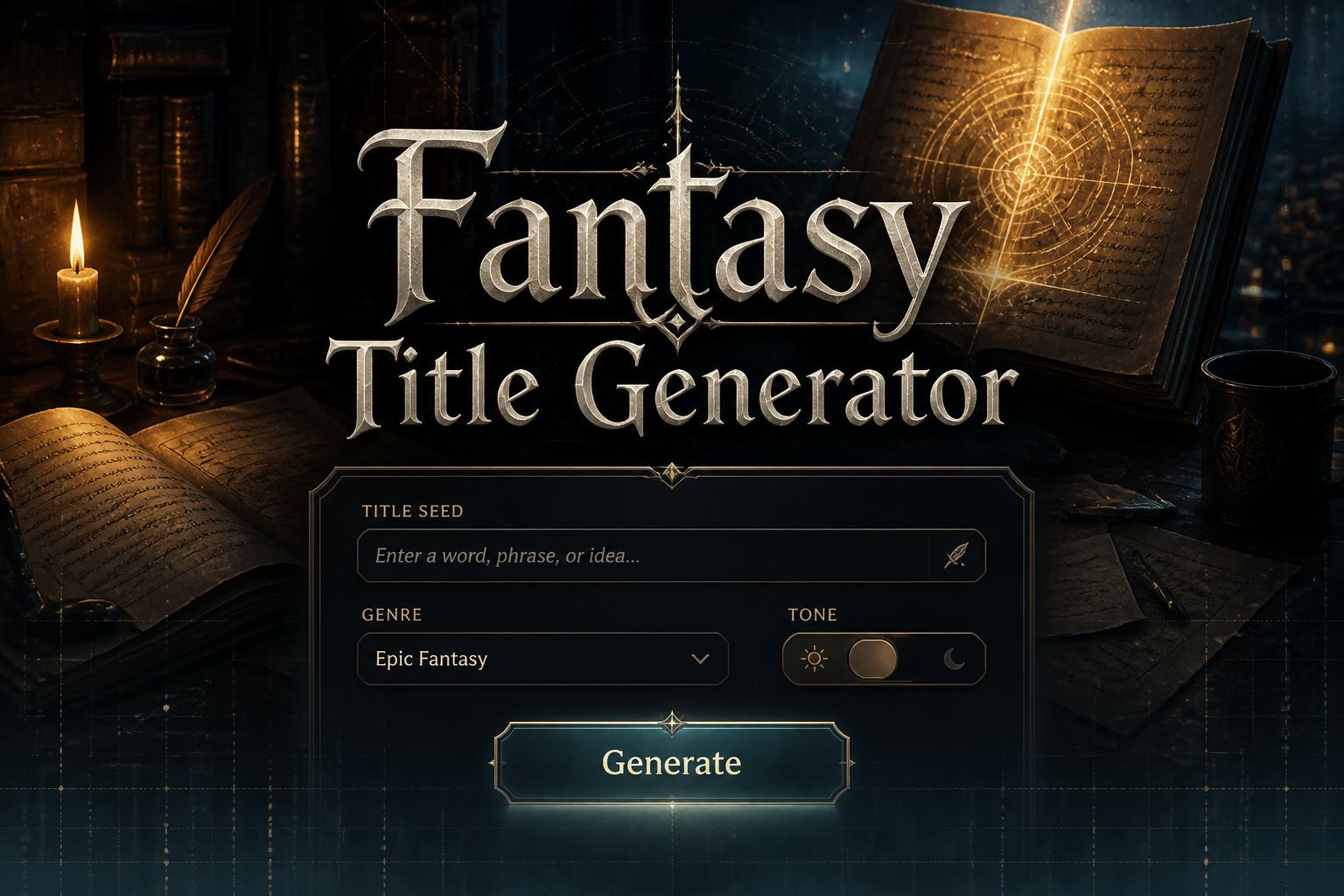 Fantasy Title Generator hero image with a centered fantasy-style UI panel, title seed field, genre dropdown, tone toggle, and Generate button, set over a writer's desk with glowing manuscripts and subtle grid accents.
