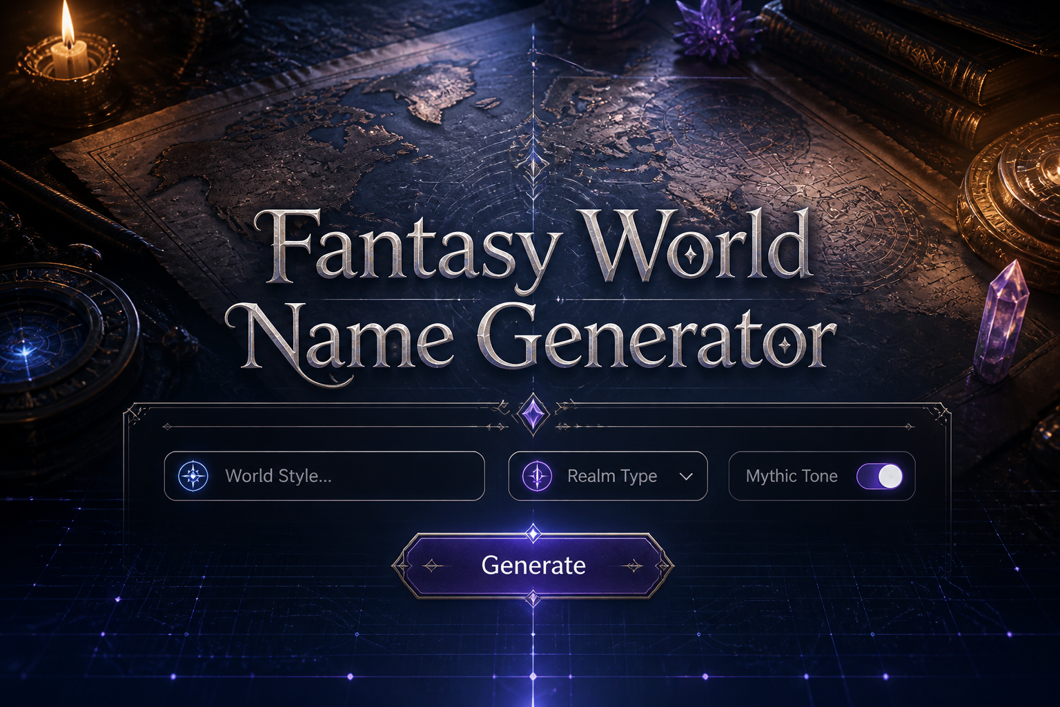 Fantasy World Name Generator hero image with a centered sleek panel, world style input, realm type dropdown, mythic tone toggle, and Generate button over a glowing fantasy map desk, ideal for fantasy world name generator and world name ideas tool.